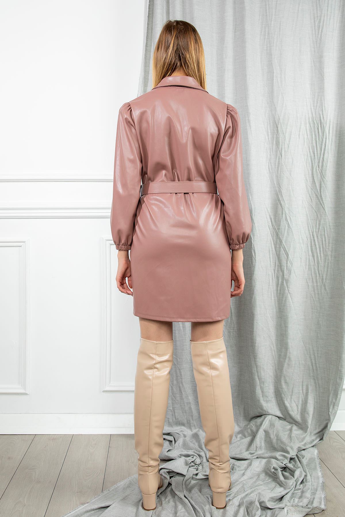 Zara Leather Fabric Shirt Collar Below Hip Full Fit Women Trench Coat - Light Pink