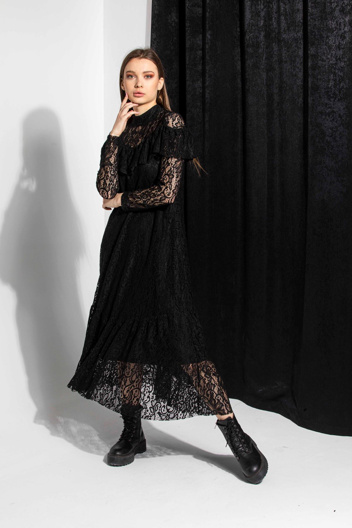 Кружевная ткань женское платье с узорами - Чёрный