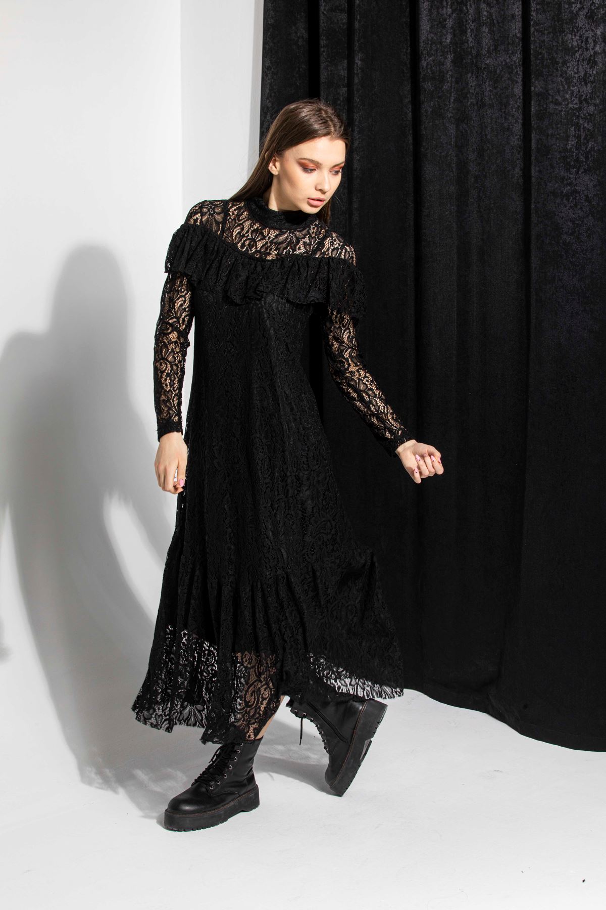 Lace Fabric Long Sleeve Turtle Neck Mini Laced Women Dress - Black