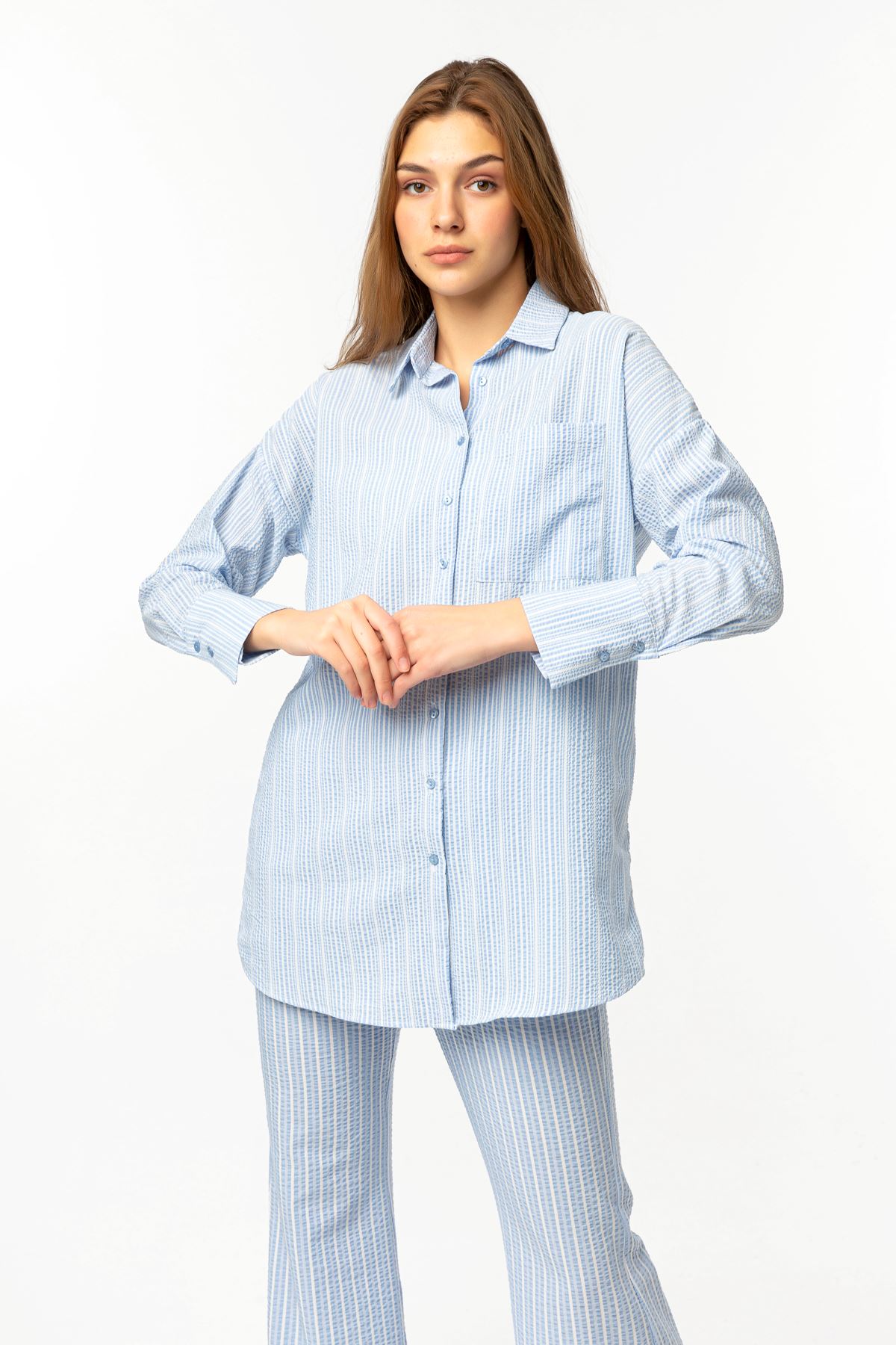 Gofre Fabric Long Sleeve Long Wide Striped Women'S Shirt - Blue