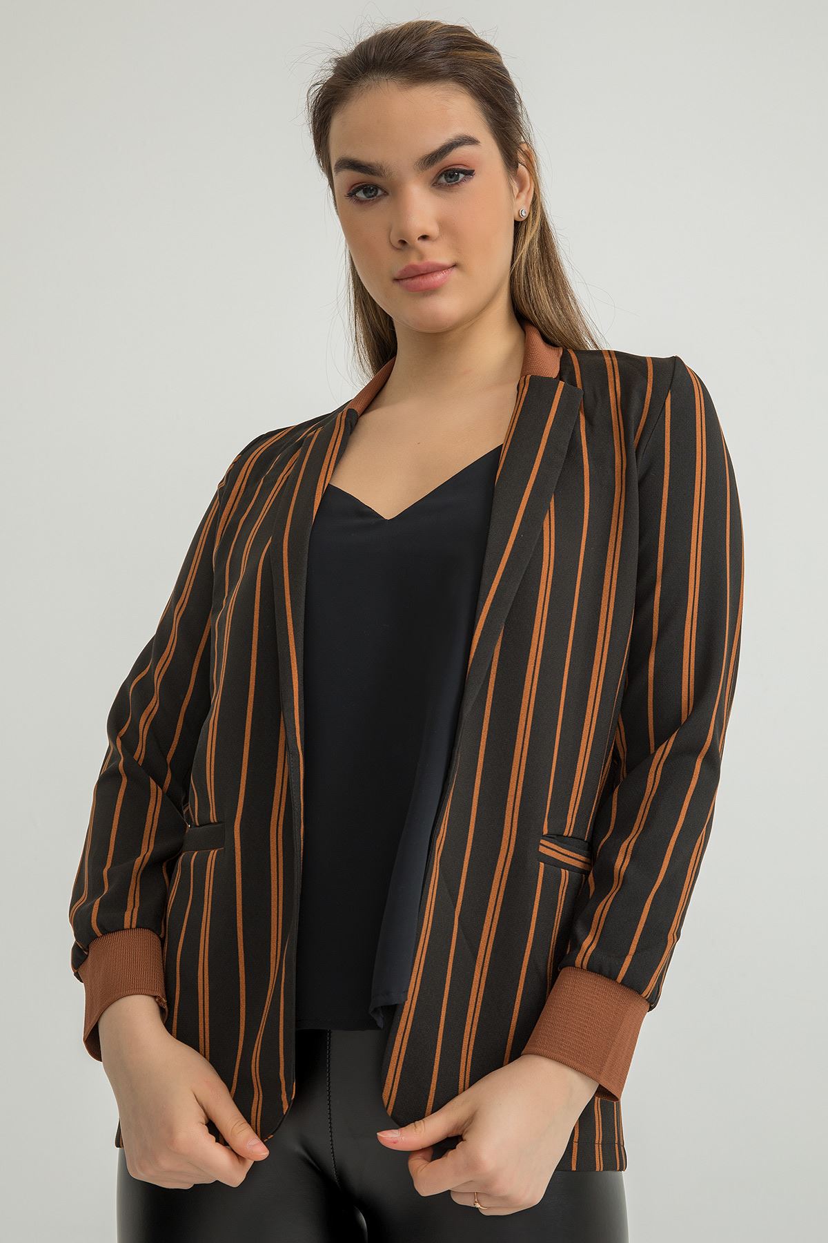 Atlas Fabric Long Sleeve Revere Collar Classical Striped Women Jacket - Light Brown