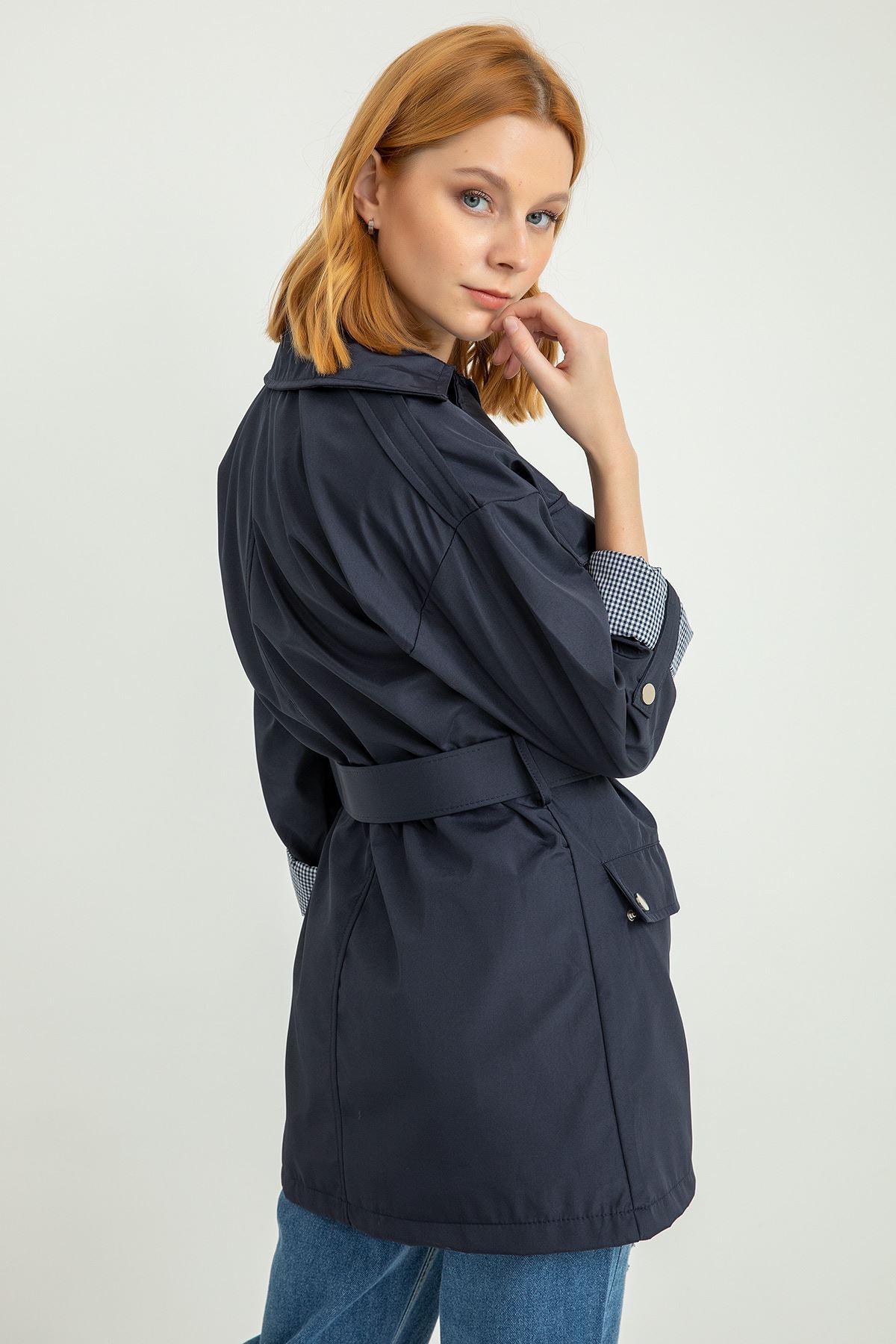 Zip Neck Short Fold Sleeve Women Raincoat With Belt - Navy Blue 