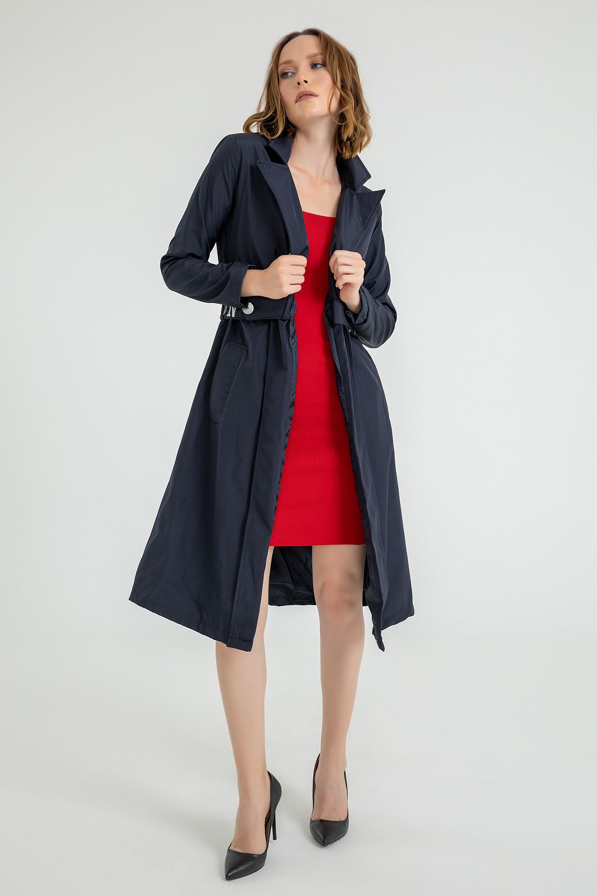 19K19276-03 أزياء معطف الخندق بالحزام -ازرق غامق - ازرق غامق