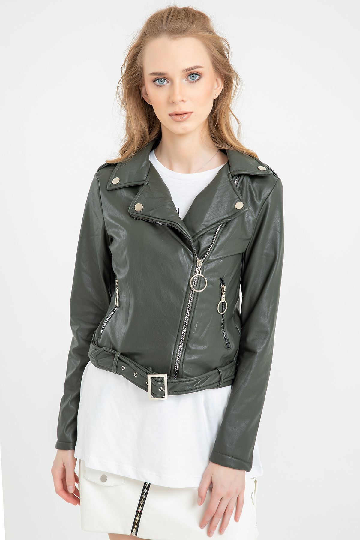 Leather Fabric Long Sleeve Rever Collar Tight Fit Belted Women Jacket - Khaki 