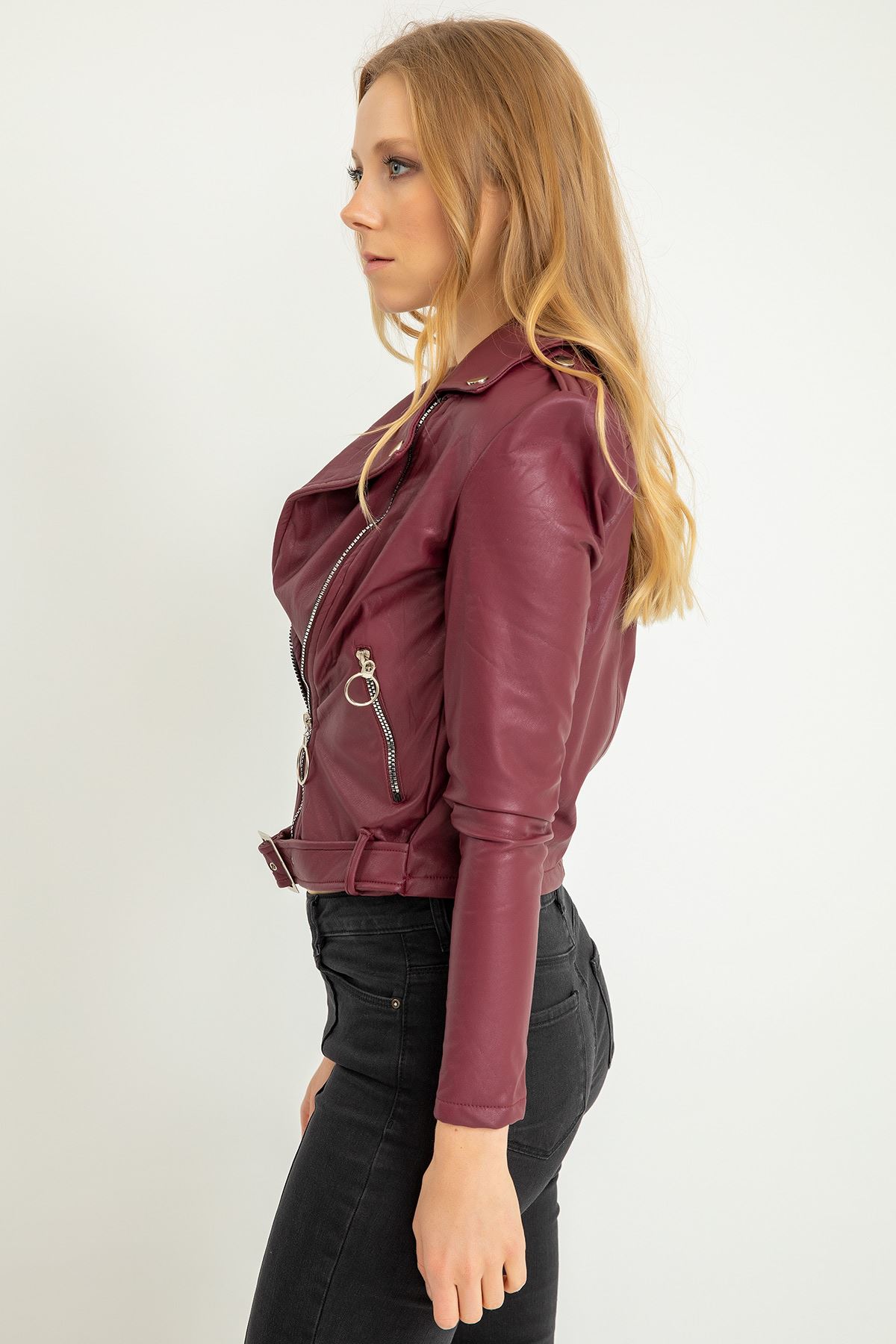 Leather Fabric Long Sleeve Rever Collar Tight Fit Belted Women Jacket - Burgundy