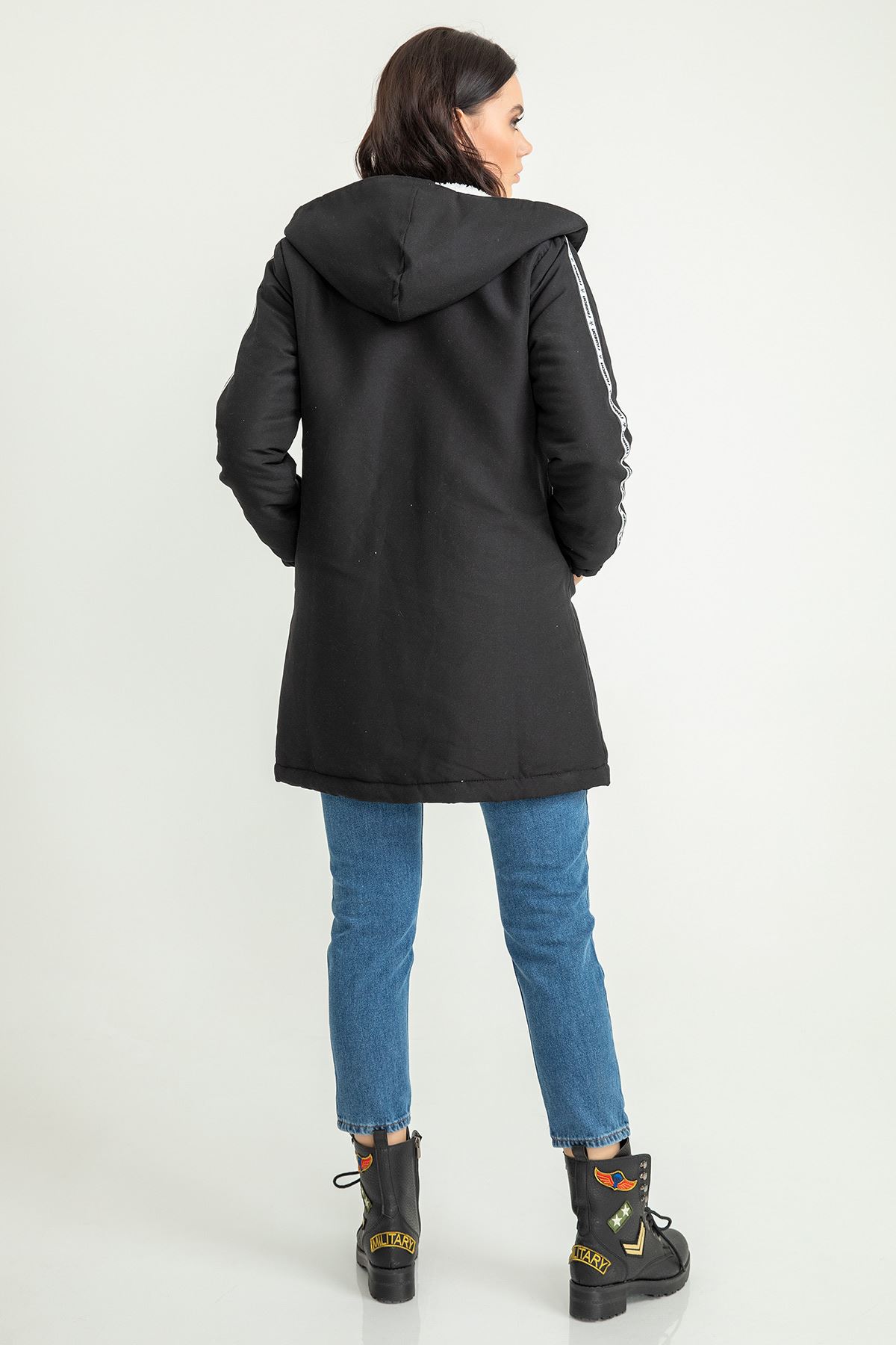 Knit Fabric Long Sleeve Hooded Below Hip Plush Full Fit Women Coat - Black