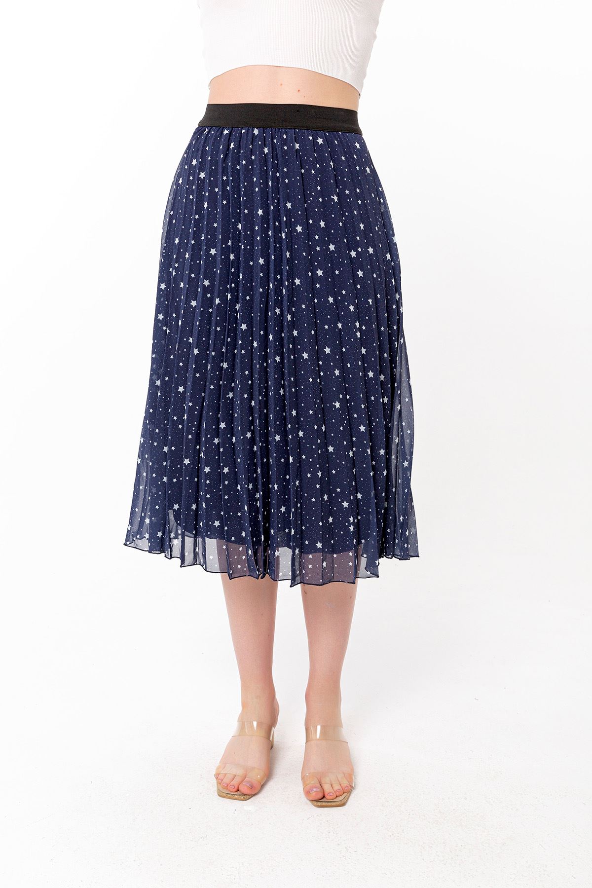 Chiffon Fabric Midi Comfy Fit Star Print Women'S Skirt - Navy Blue 