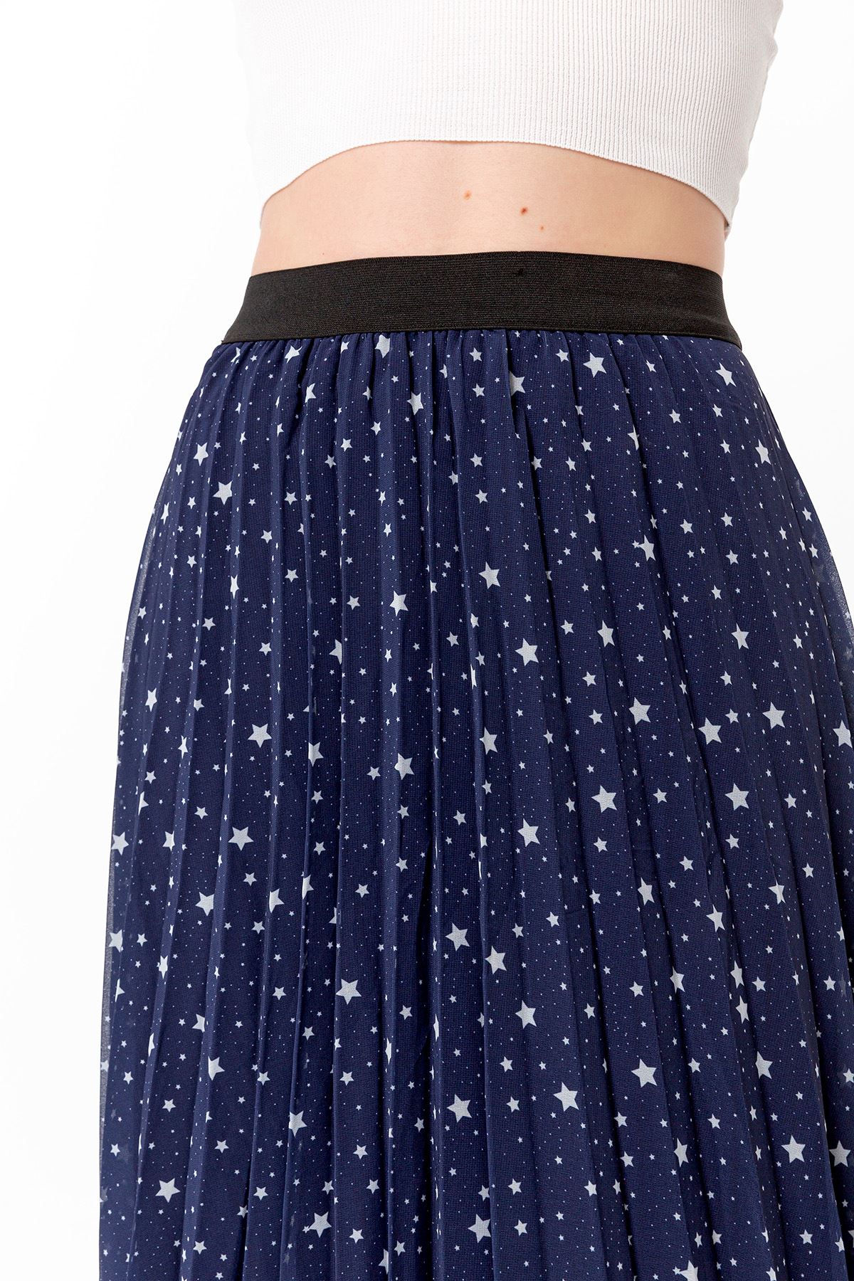 Chiffon Fabric Midi Comfy Fit Star Print Women'S Skirt - Navy Blue 