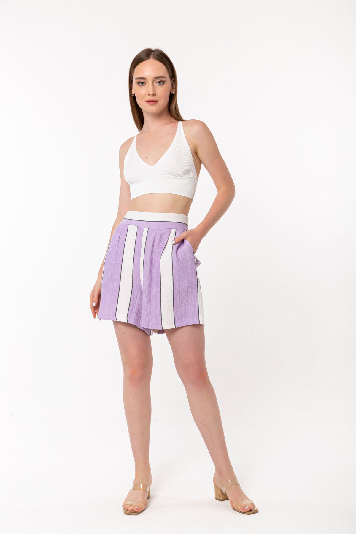 Sleeveless Revere Collar Below The Hips Wide Striped Women'S Set - Lilac
