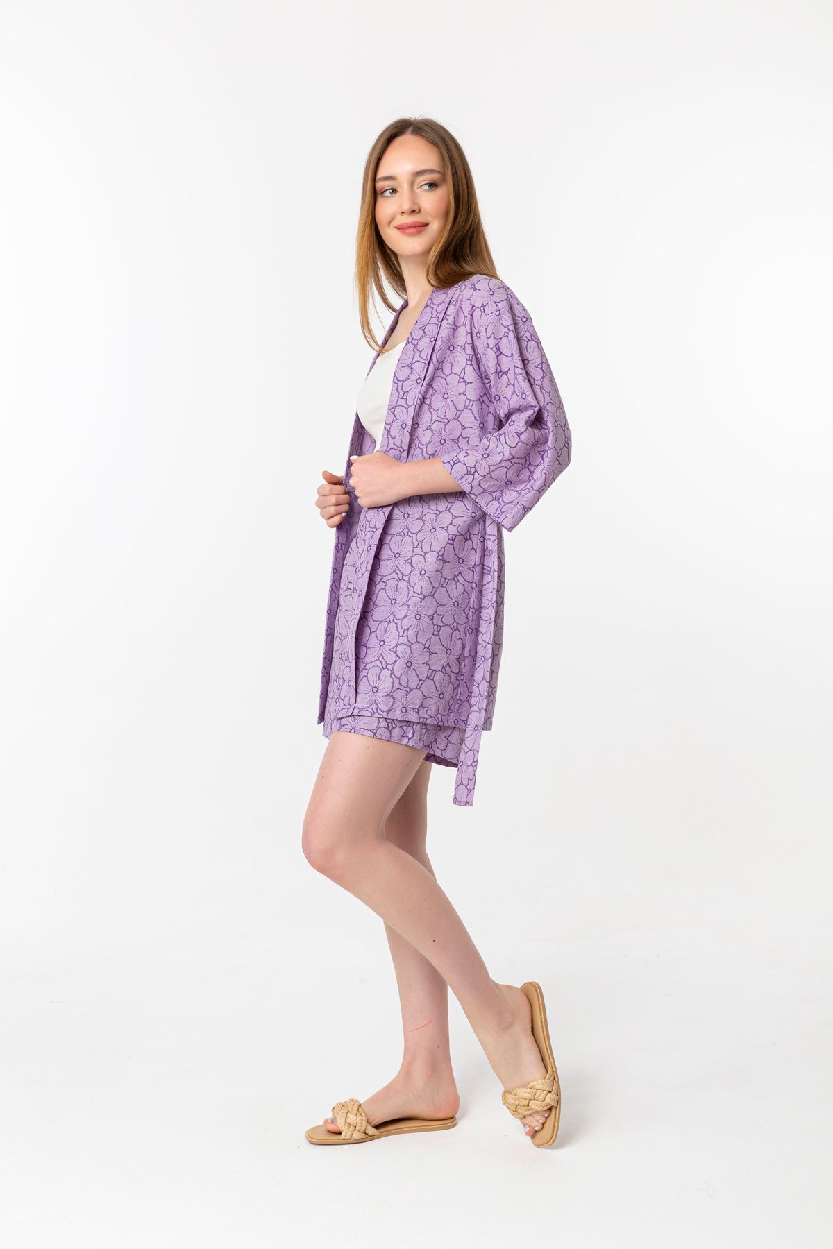 Half Sleeve Shawl Collar Mini Wide Floral Print Women'S Set - Lilac