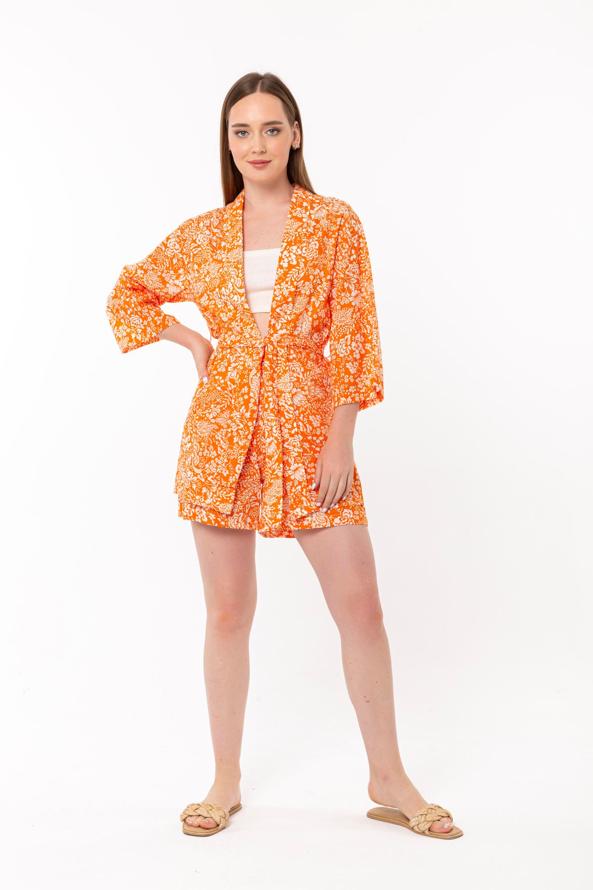 Vual Fabric Shawl Collar Floral Print Kimono Women'S Set - Orange