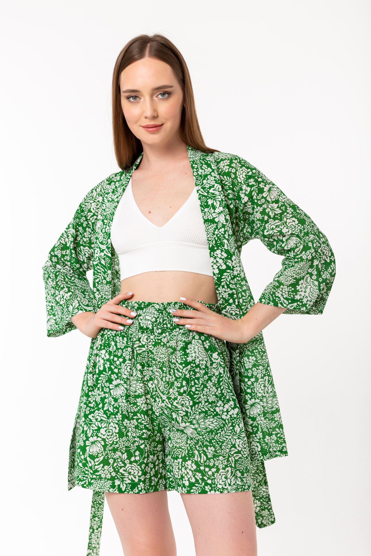 Vual Fabric Shawl Collar Floral Print Kimono Women'S Set - Green