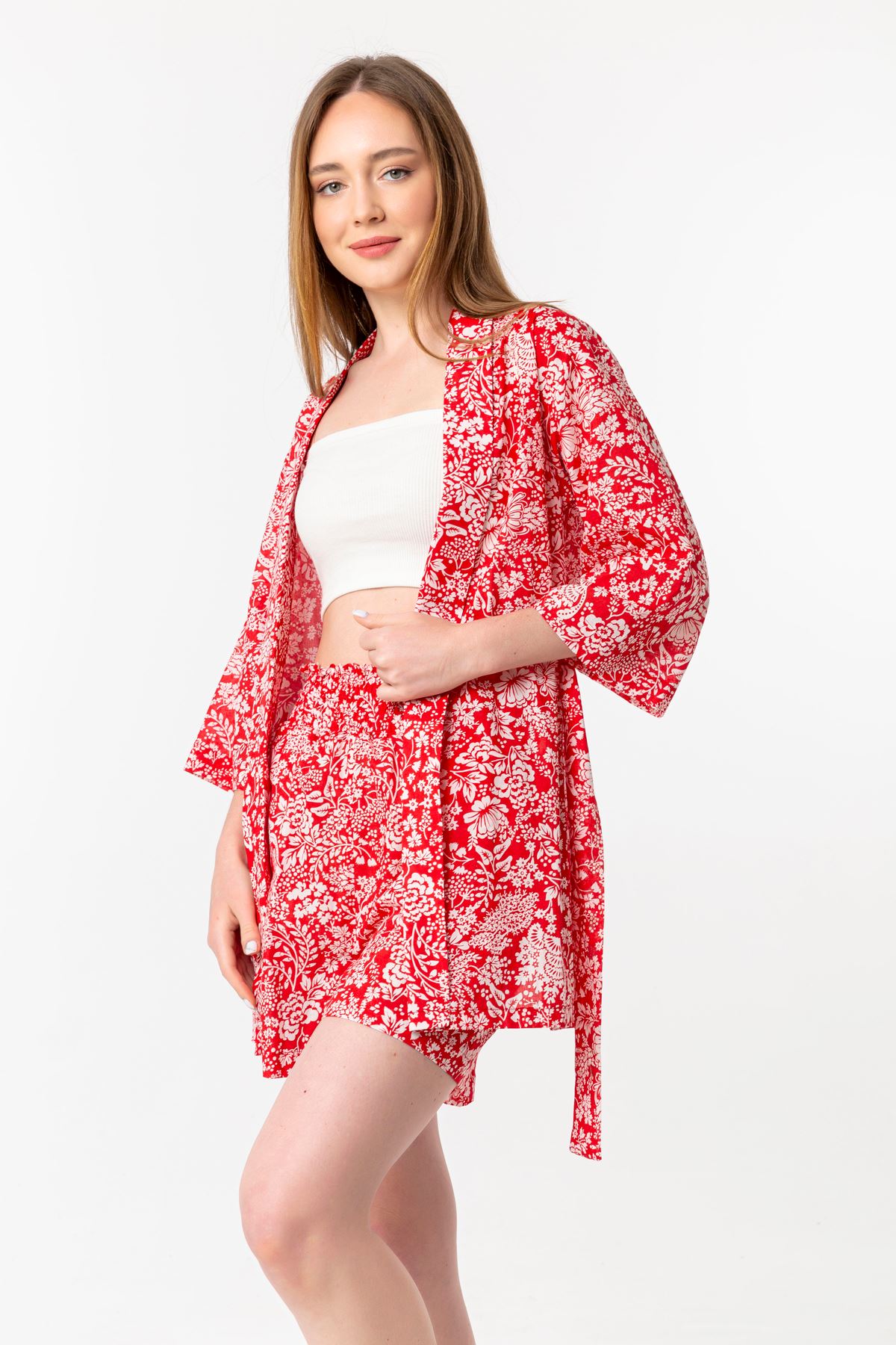 Vual Kumaş Yarım Kol Şal Yaka Çiçek Desen Kimono Kadın Takım-Kırmızı