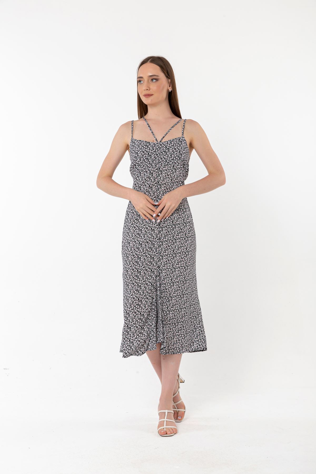 فستان نسائي قماش فيسكون مع الحمالات حبل معلق ميدي نمط زهرة - اسود
