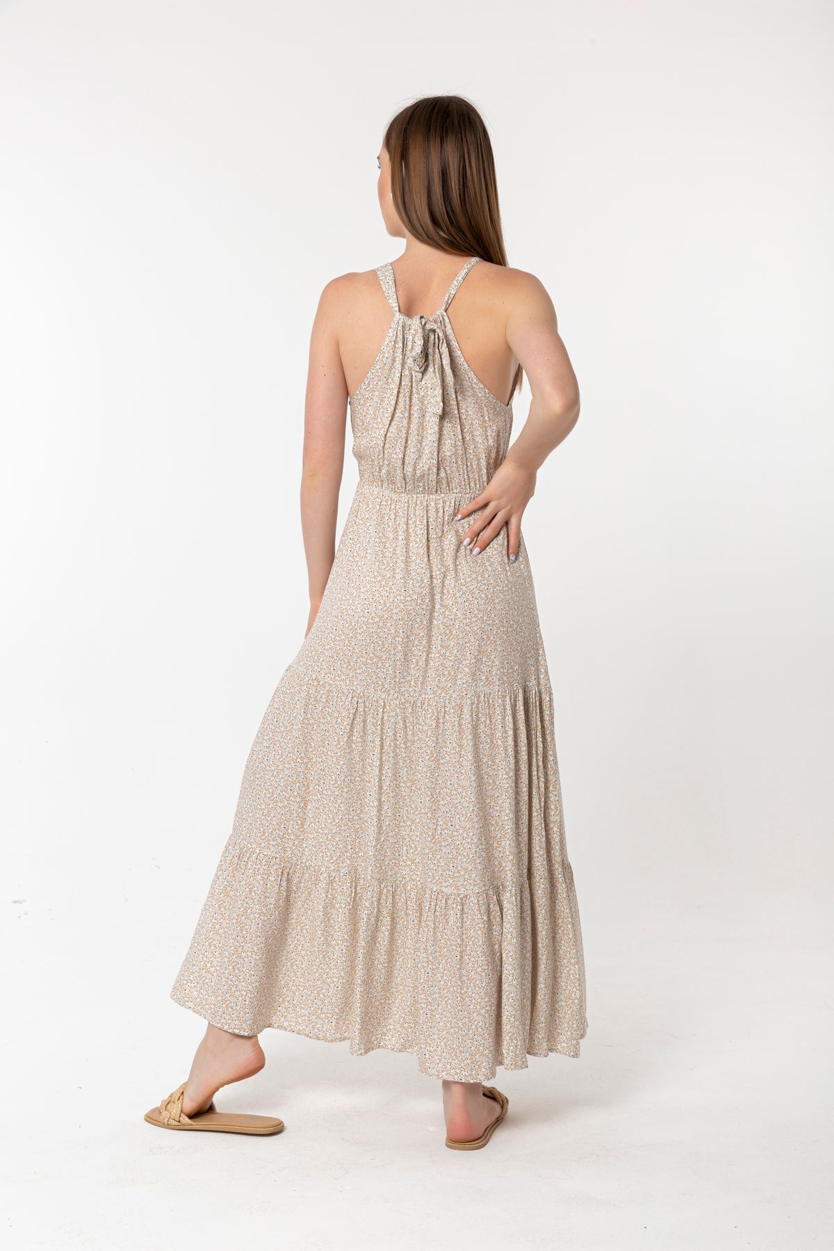 Viscose Fabric Sleeveless Queen Anna Neck Long Wide Leaf Print Dress - Beige 