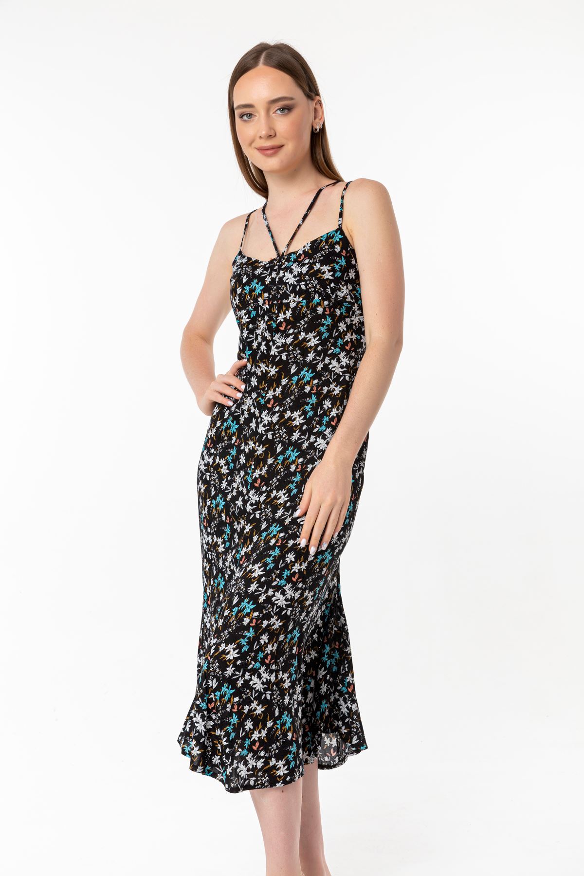Viskon Kumaş Bağlamalı Yaka Çıtır Çiçek Desenli Kadın Elbise-Mavi