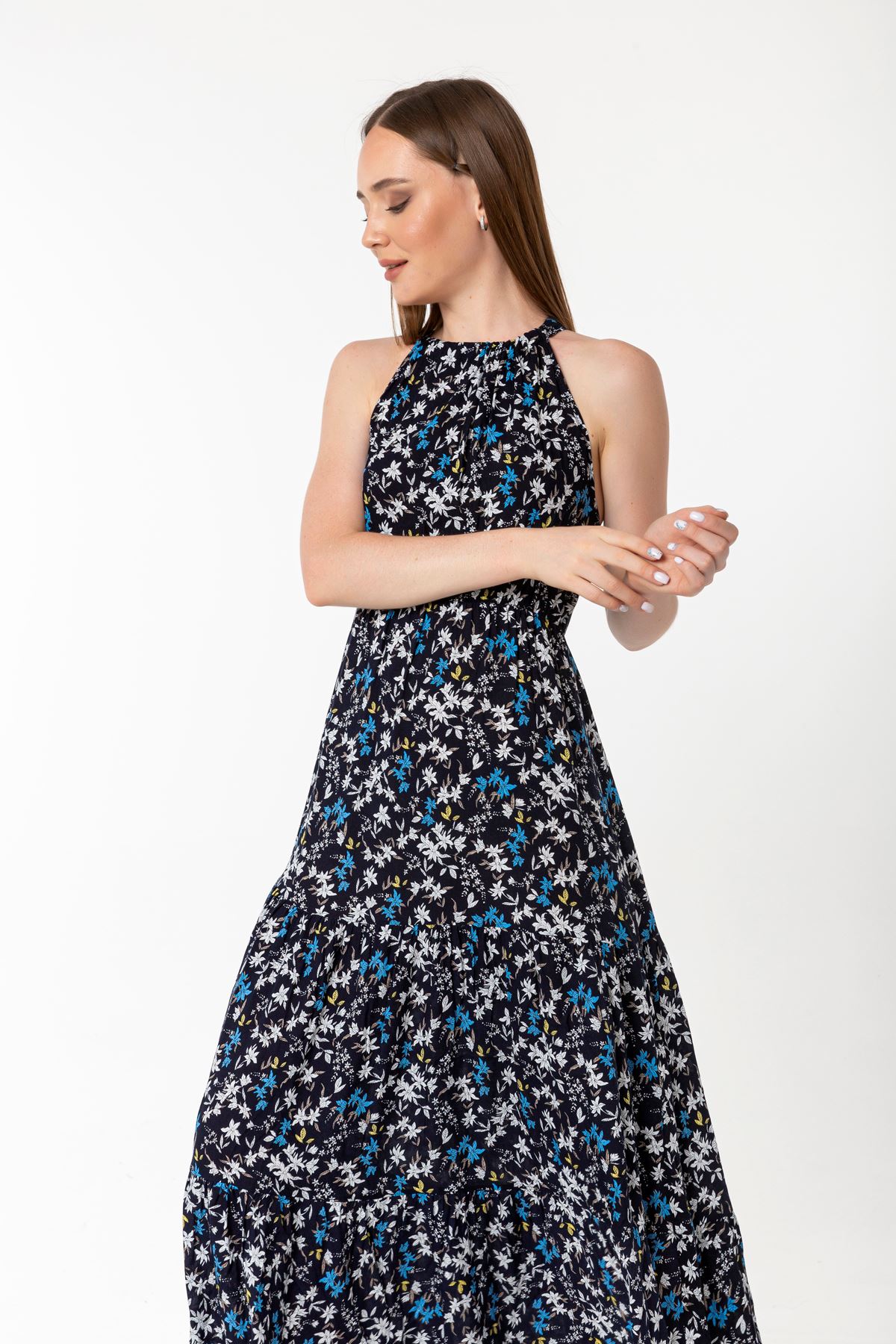 Viscose Fabric Queen Anna Neck Crispy Floral Print Women Dress - Navy Blue 