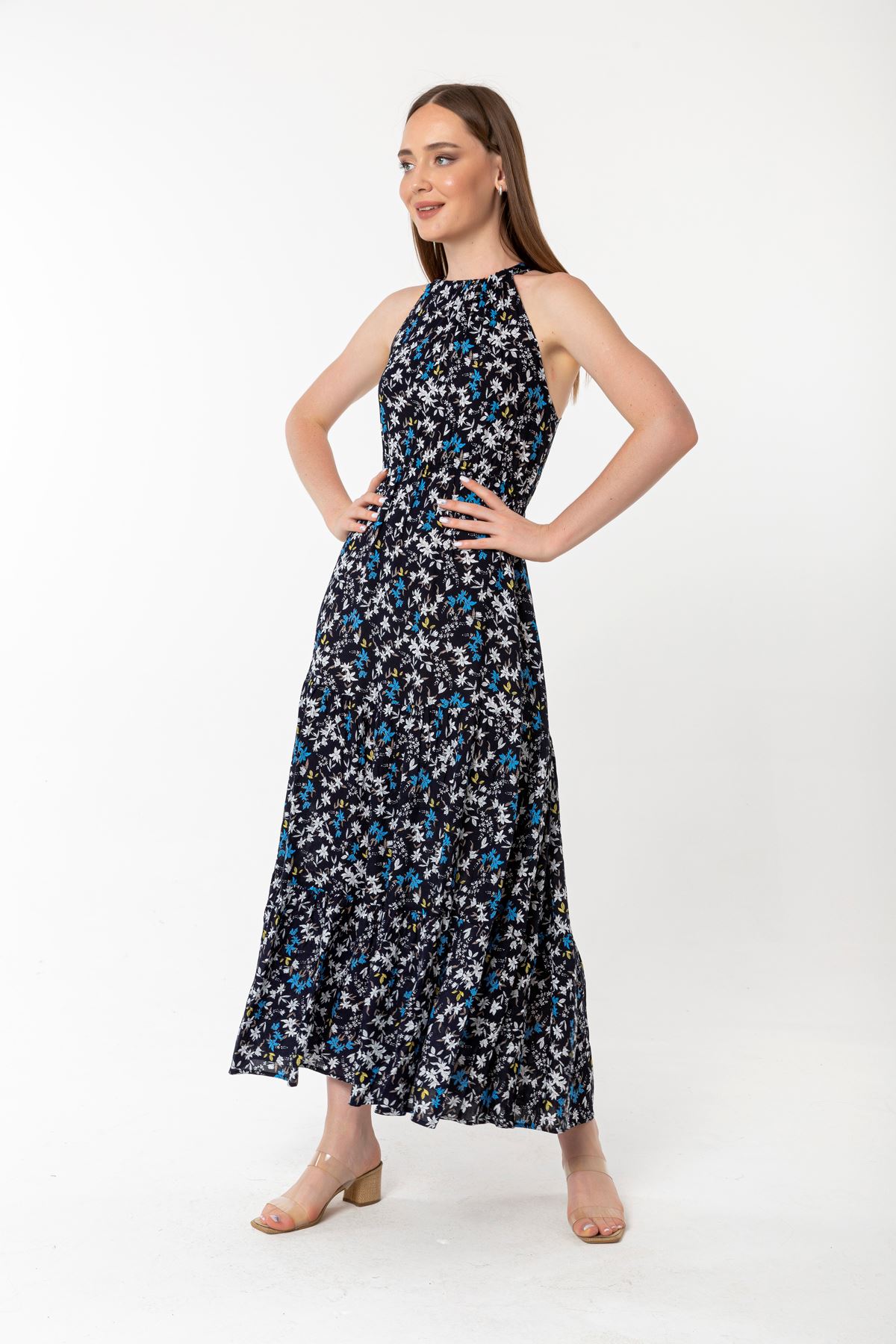 فستان نسائي قماش فيسكون مع الحمالات طوق القلب طويل قالب مريح زهرة - ازرق غامق