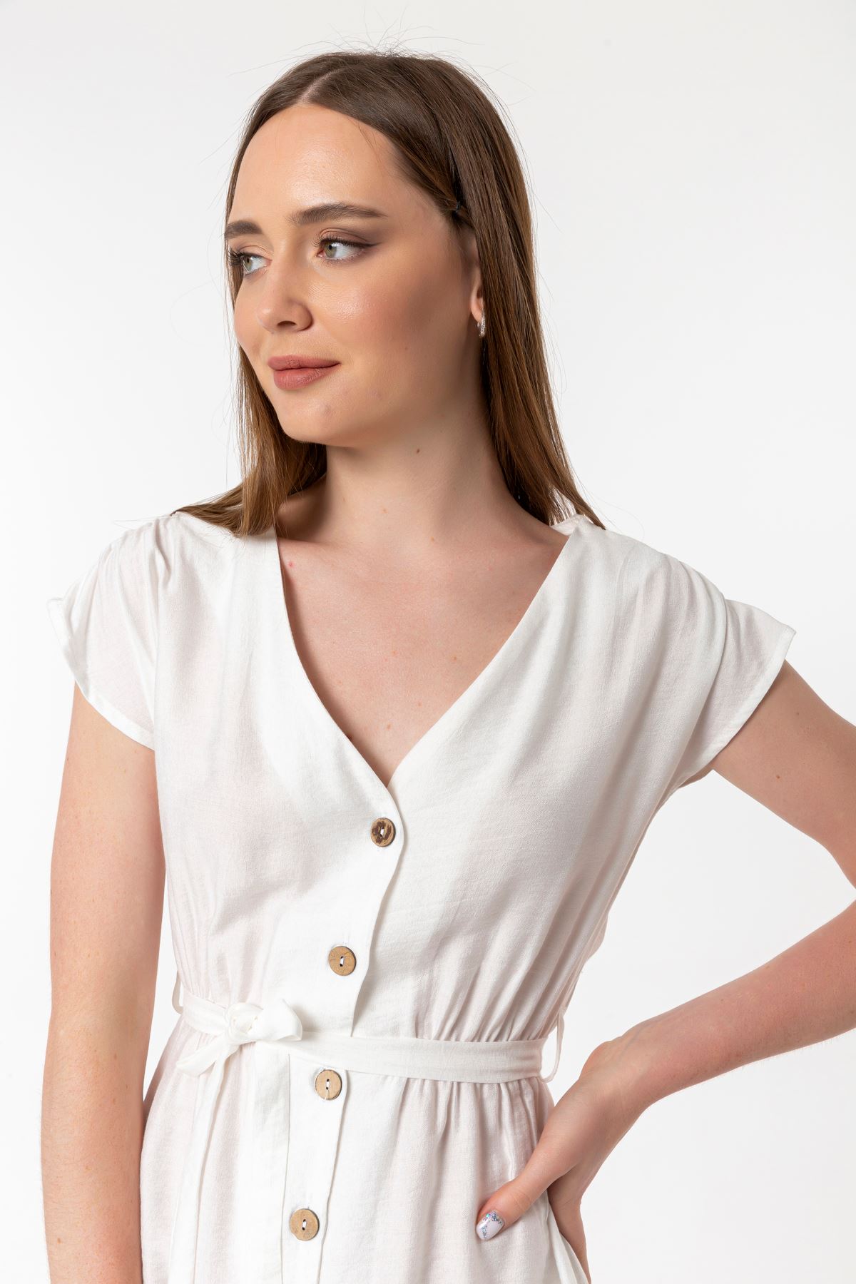 Linen Fabric Short Sleeve V-Neck Comfy Fit Women Dress - Ecru