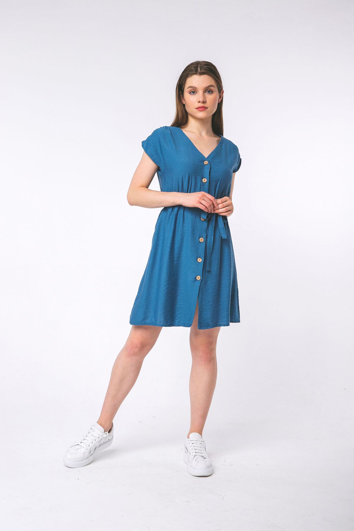 Wavlynn Café Stripe Linen Midi Dress Breathable Relaxed Fit Short Sleeve V Neck main image 0