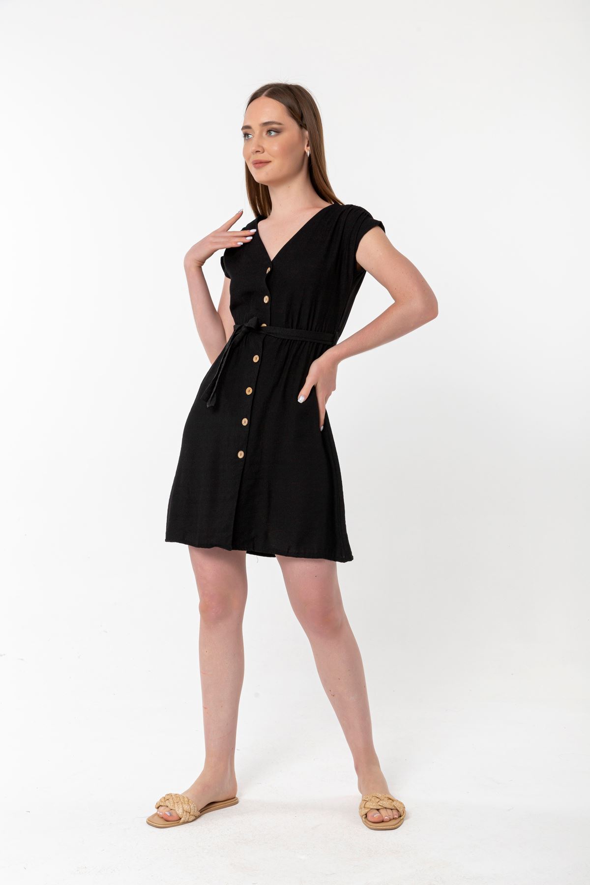 Linen Fabric Short Sleeve V-Neck Comfy Fit Women Dress - Black
