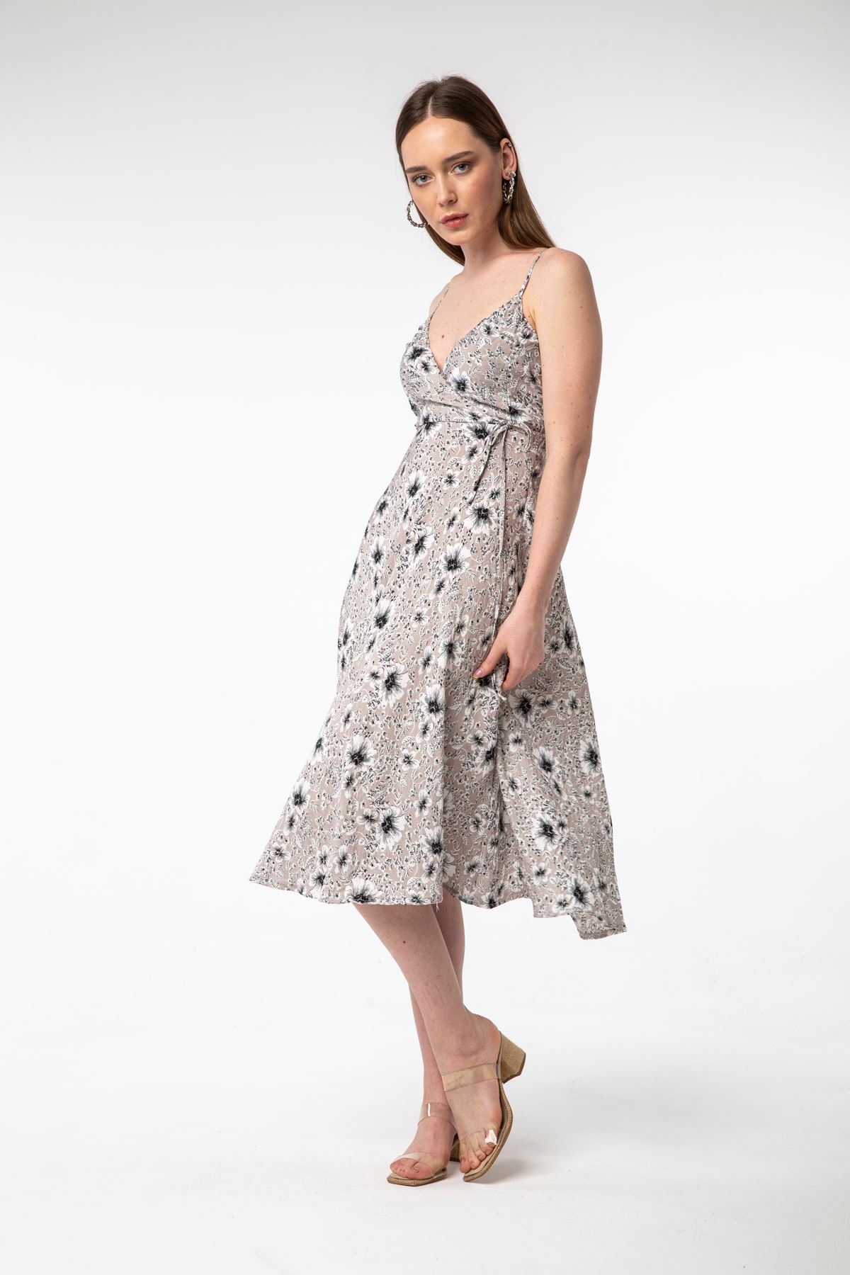 Brocade Fabric V Neck Full Fit Floral Print Women Dress - Chanterelle 