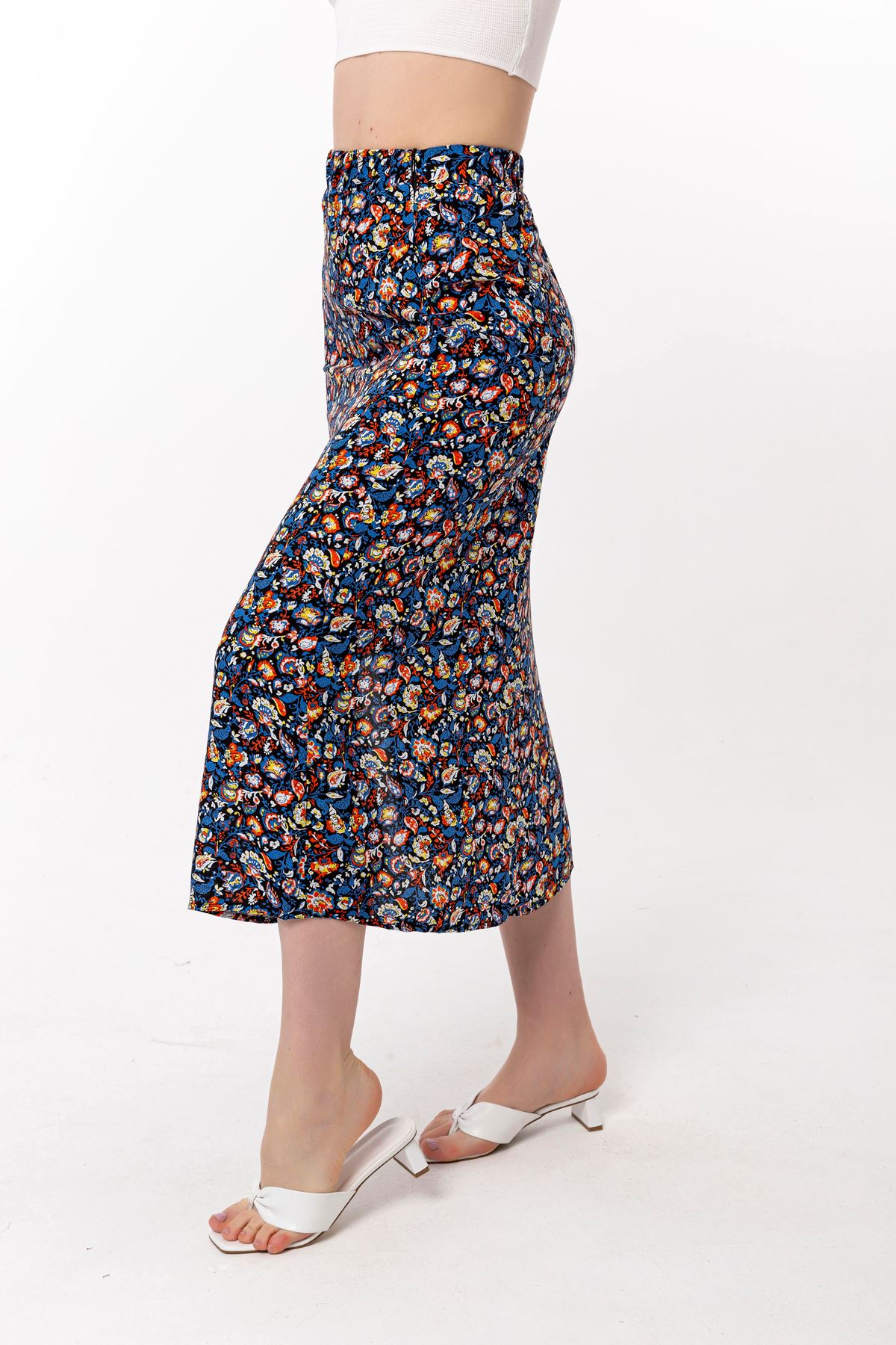 Below Knee Straight Crispy Floral Print Slit Women'S Skirt - Navy Blue 