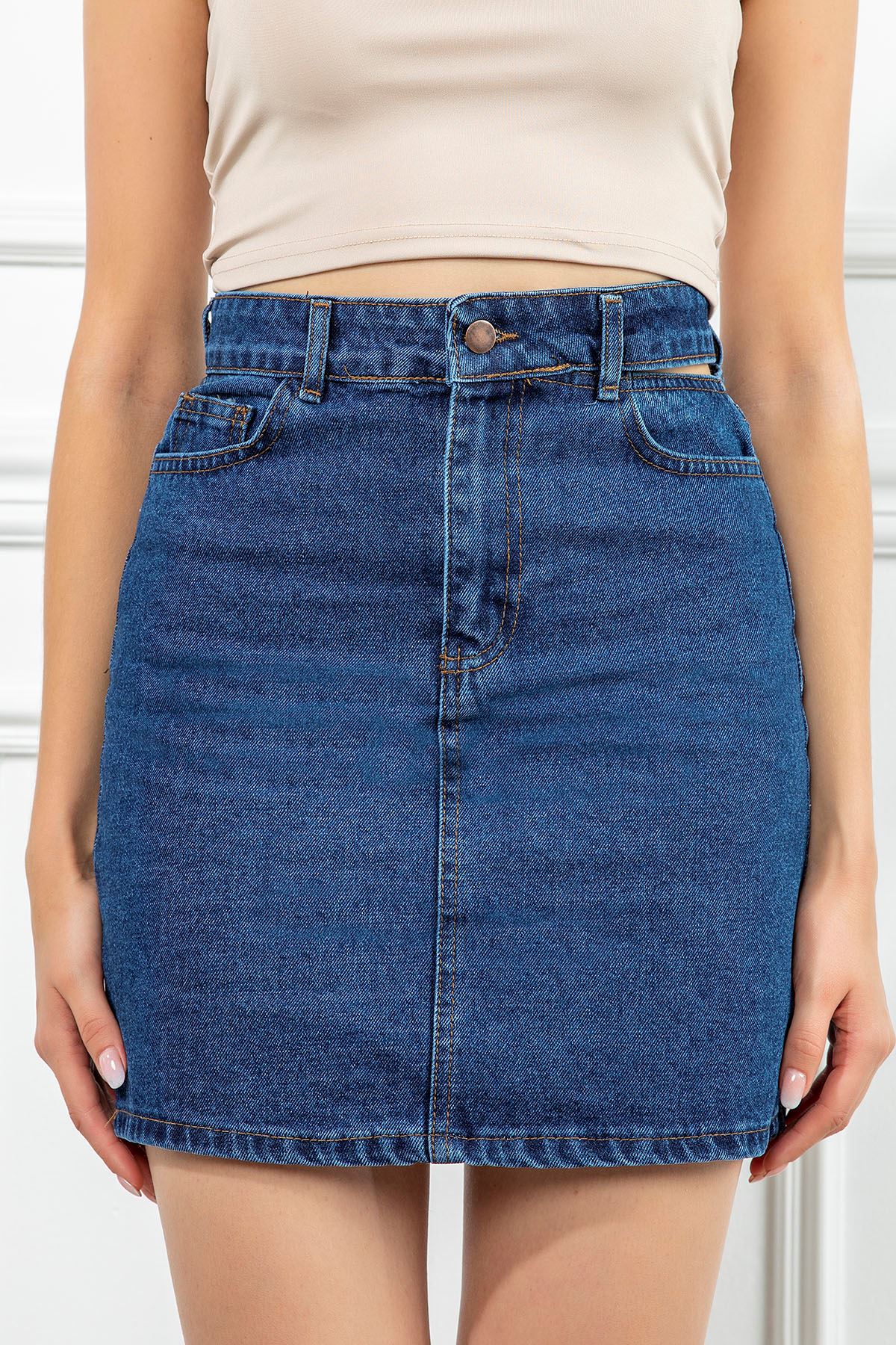 Denim Fabric Tight Fit Mini Skirt - Navy Blue 