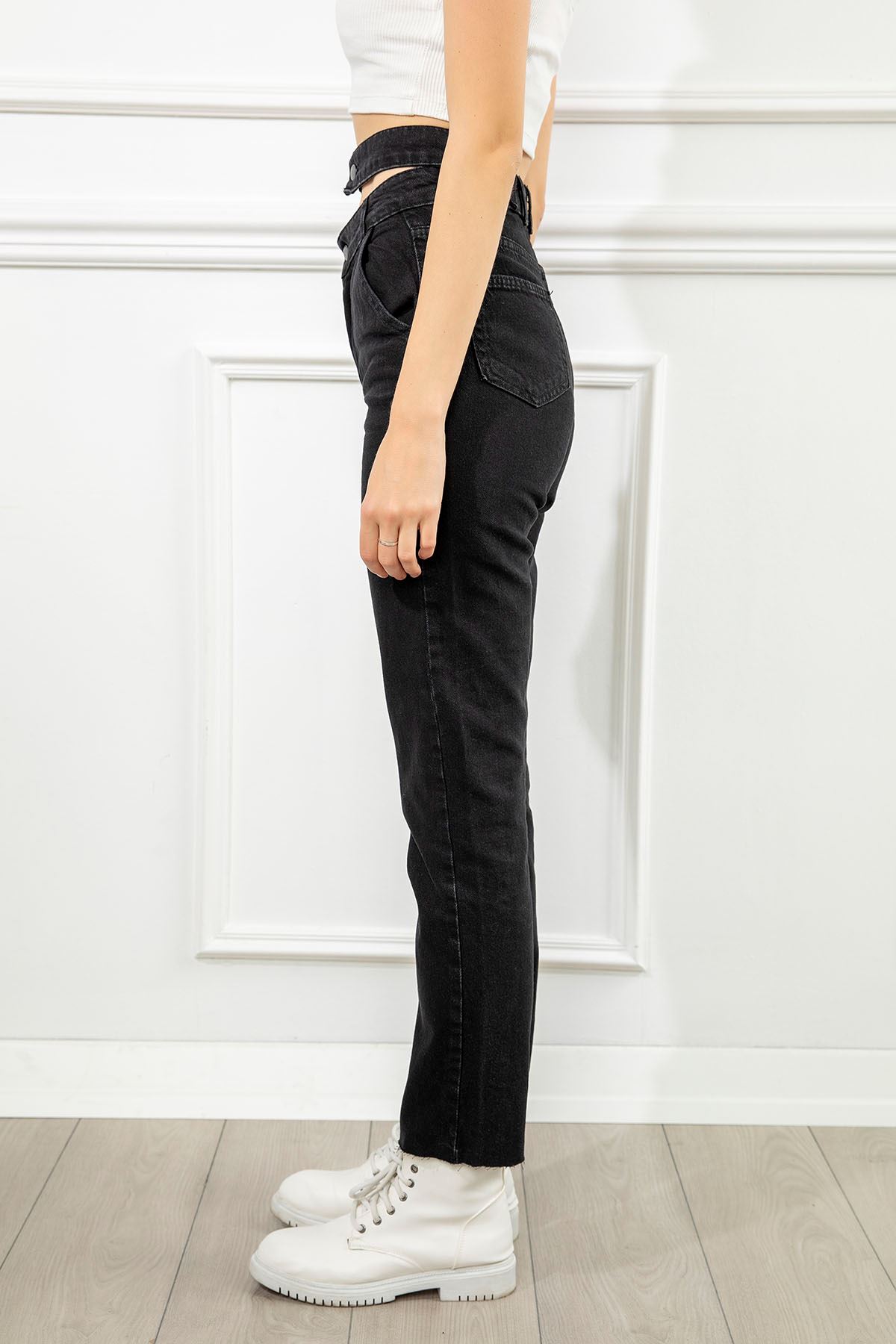 Denim Fabric Ankle Length Double Belt Women'S Trouser - Black