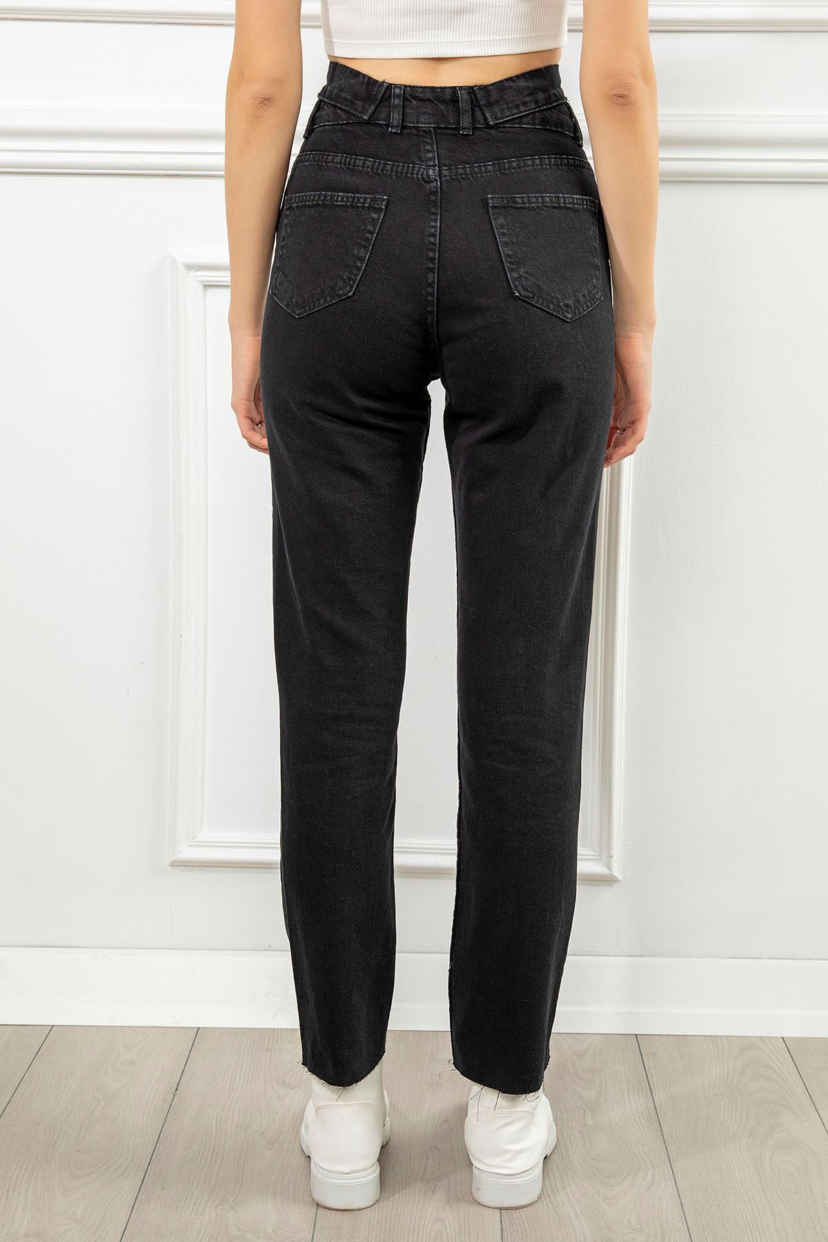 джинсовый ткань мом фит Женские брюки с двойным ремнем - Чёрный