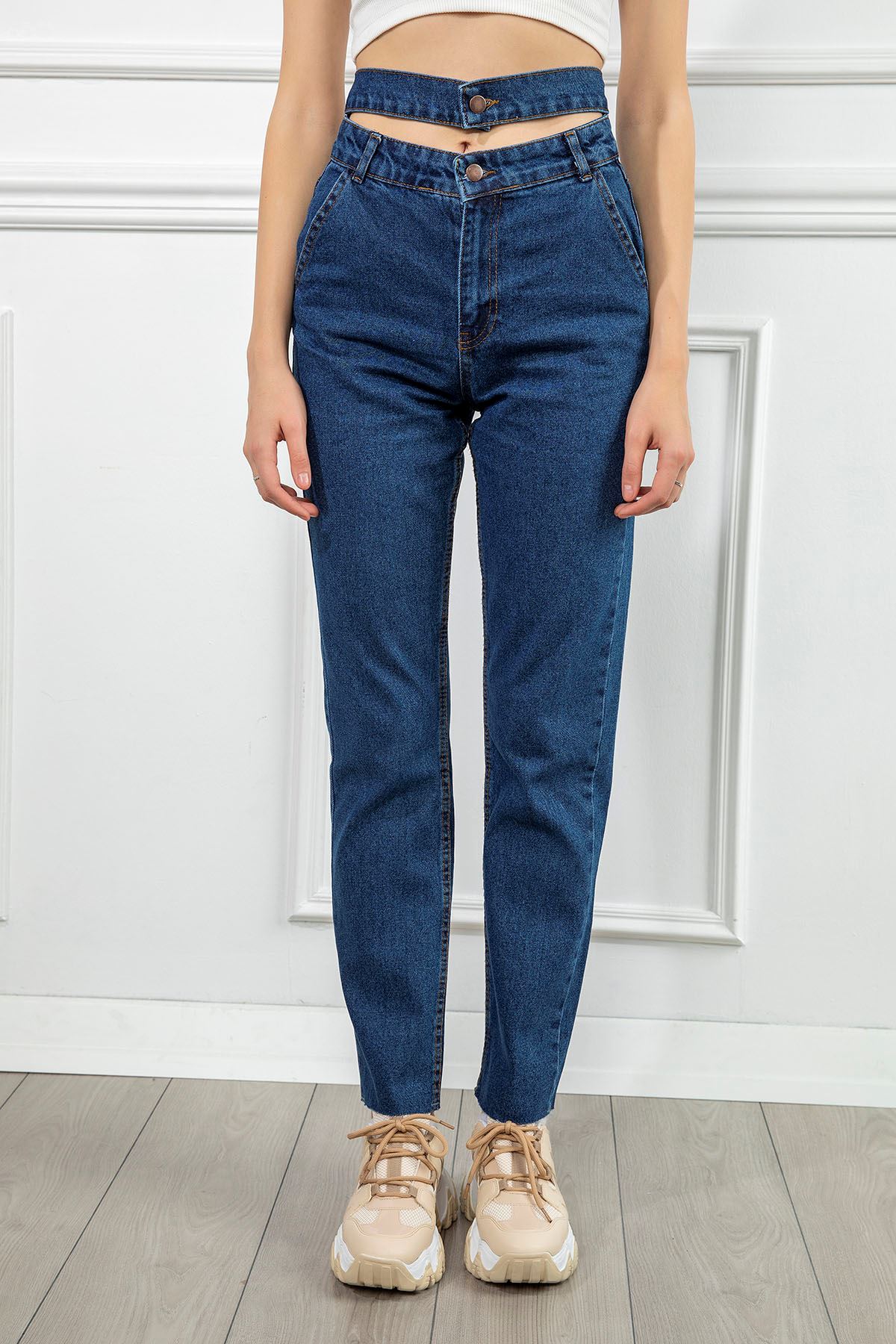 джинсовый ткань мом фит Женские брюки с двойным ремнем - темно-синий