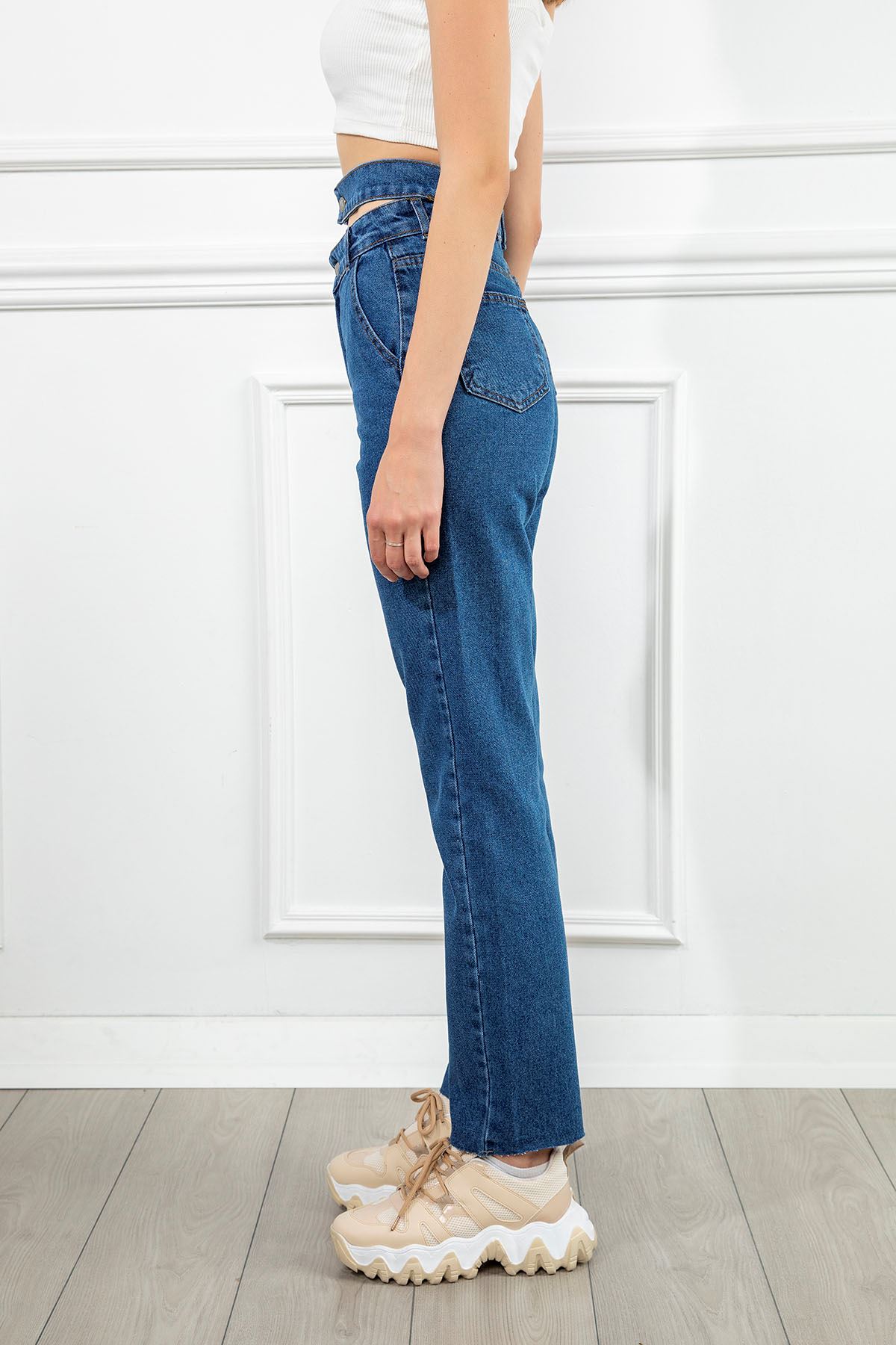 Denim Fabric Ankle Length Double Belt Women'S Trouser - Light Blue