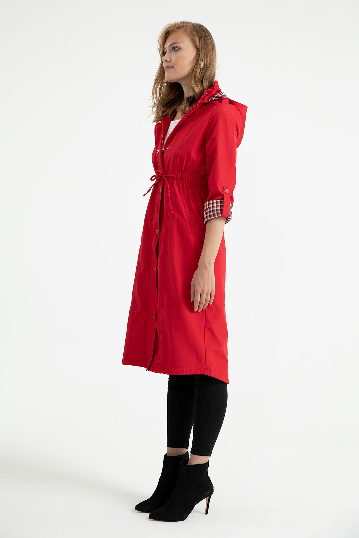 Woven Fabric Zip Neck Women Raincoat - Red