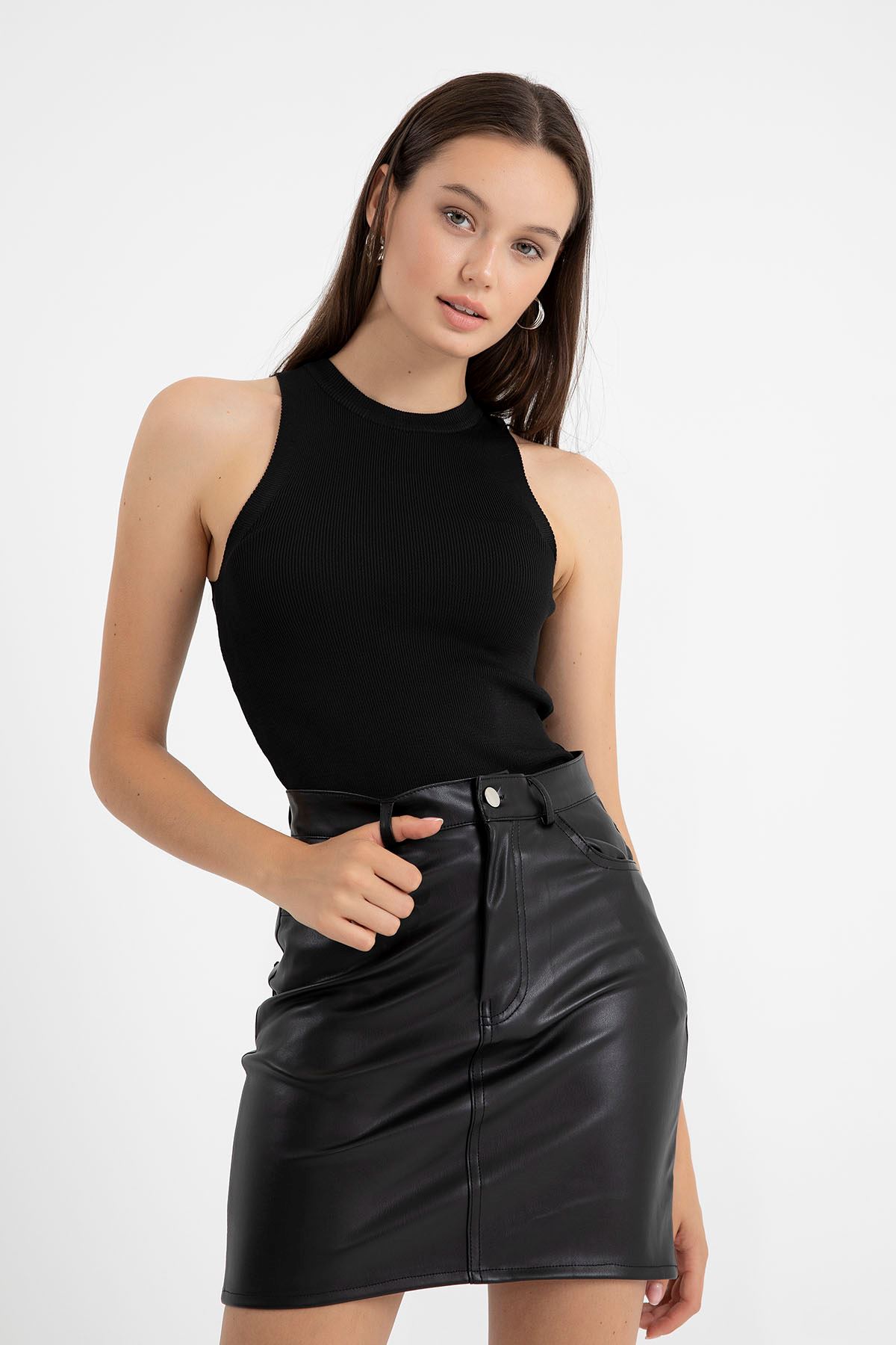 Leather Fabric Tight Fit Midi Skirt - Black