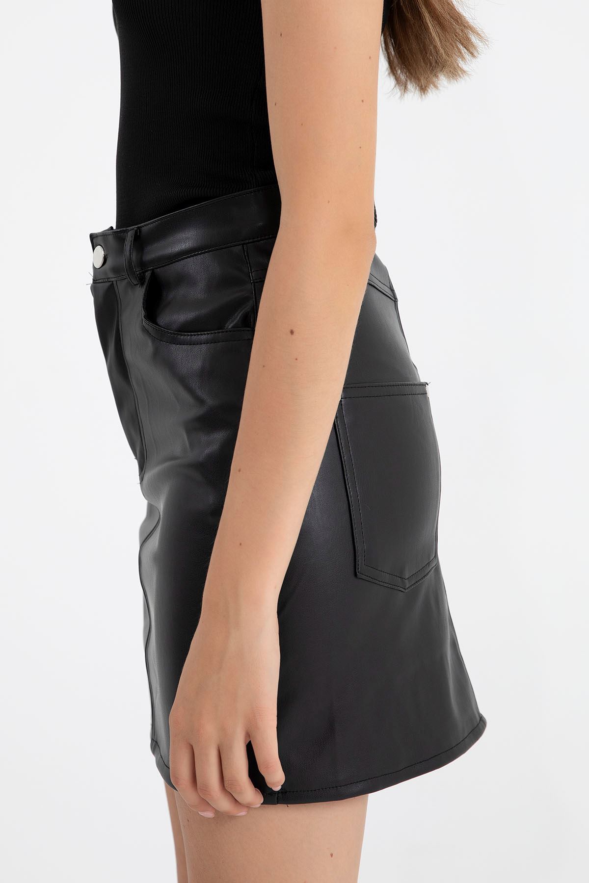 экокожа ткань длина миди узкая женская юбка - Чёрный