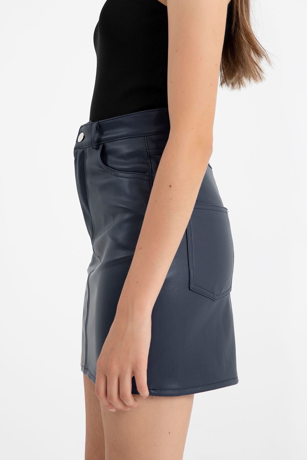 Leather Fabric Tight Fit Midi Skirt - Navy Blue 