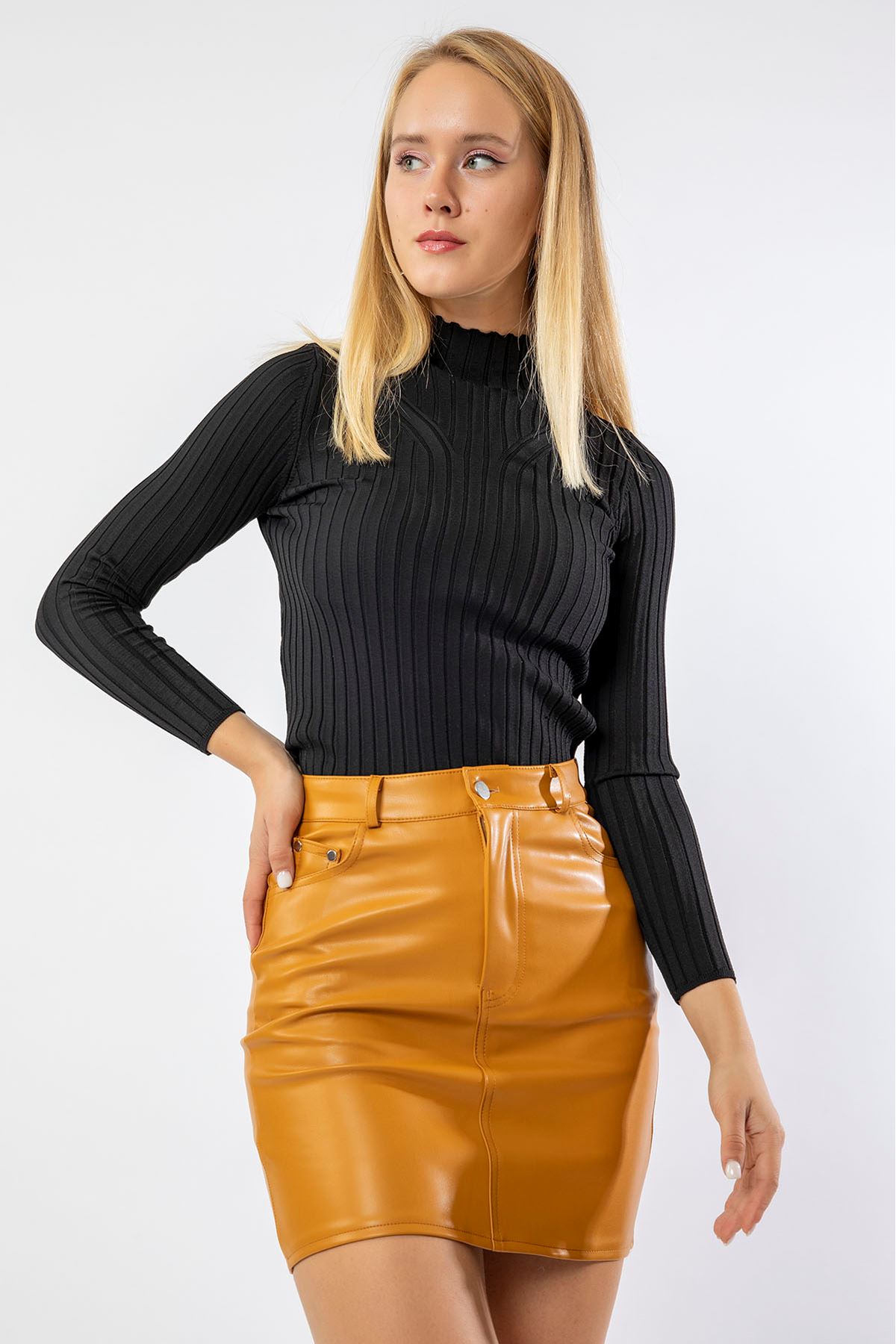 Leather Fabric Tight Fit Midi Skirt - Mustard