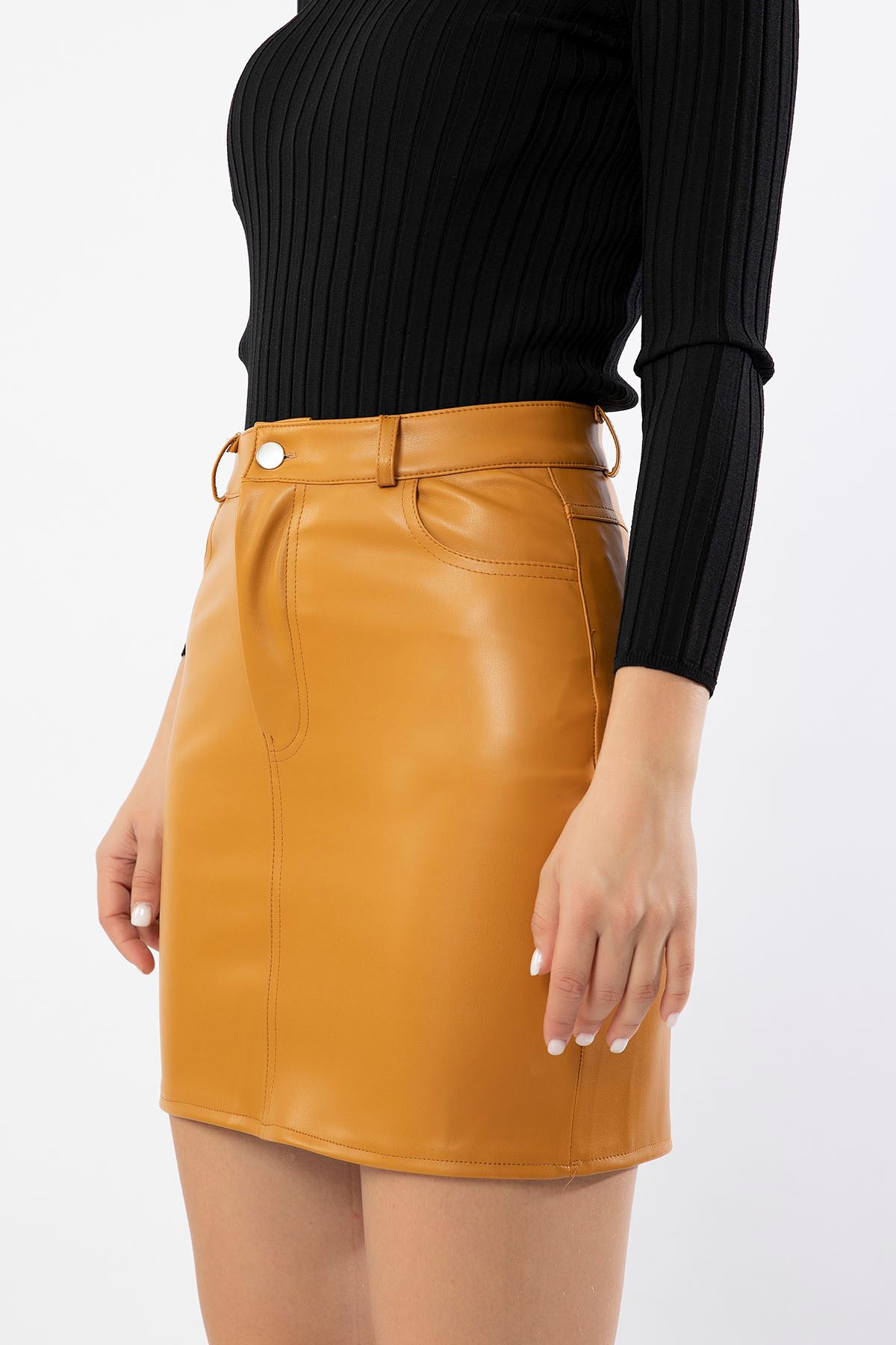 Leather Fabric Tight Fit Midi Skirt - Mustard