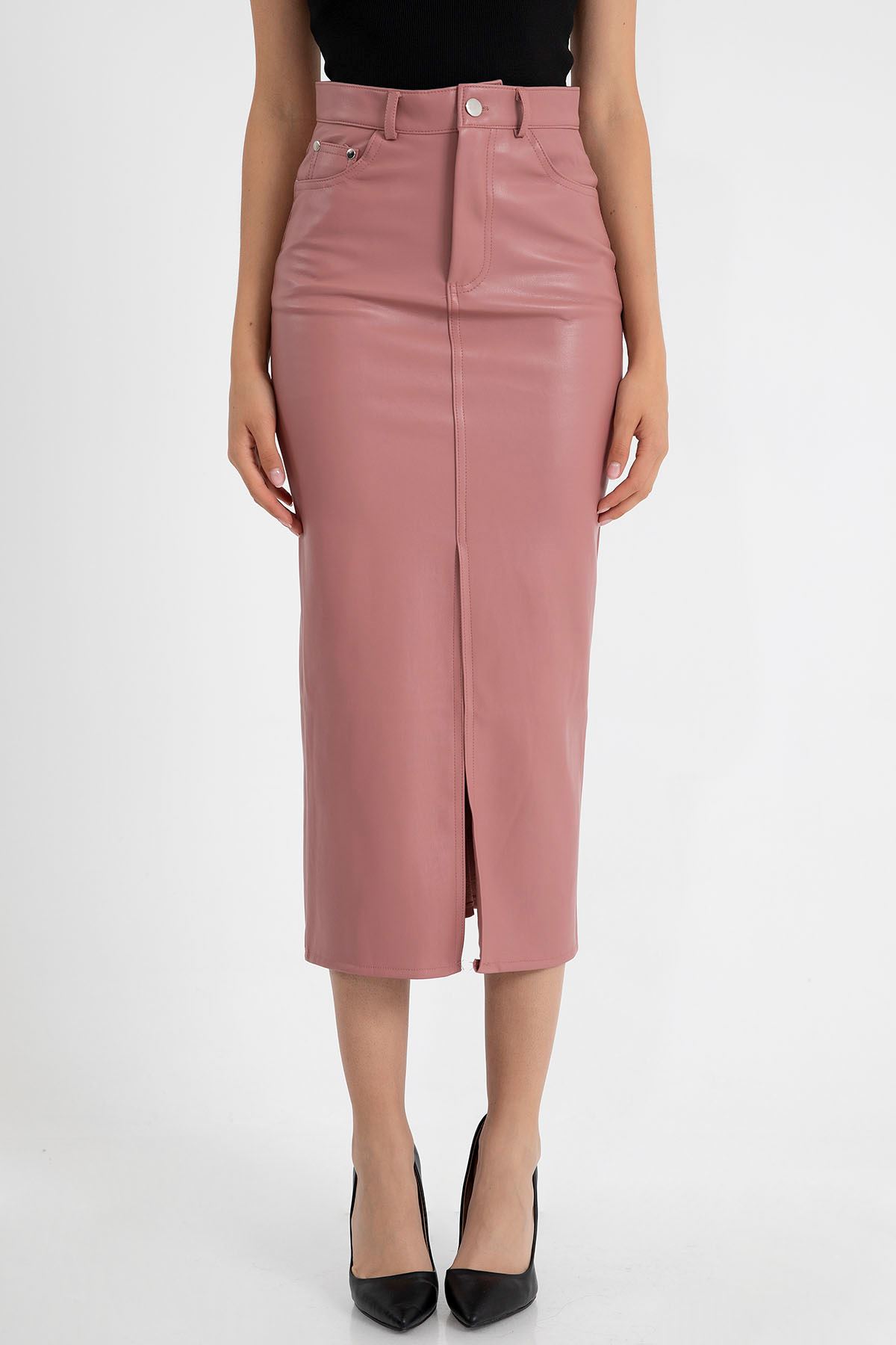 экокожа ткань длина миди узкая Женская юбка с разрезом - Светло розовый