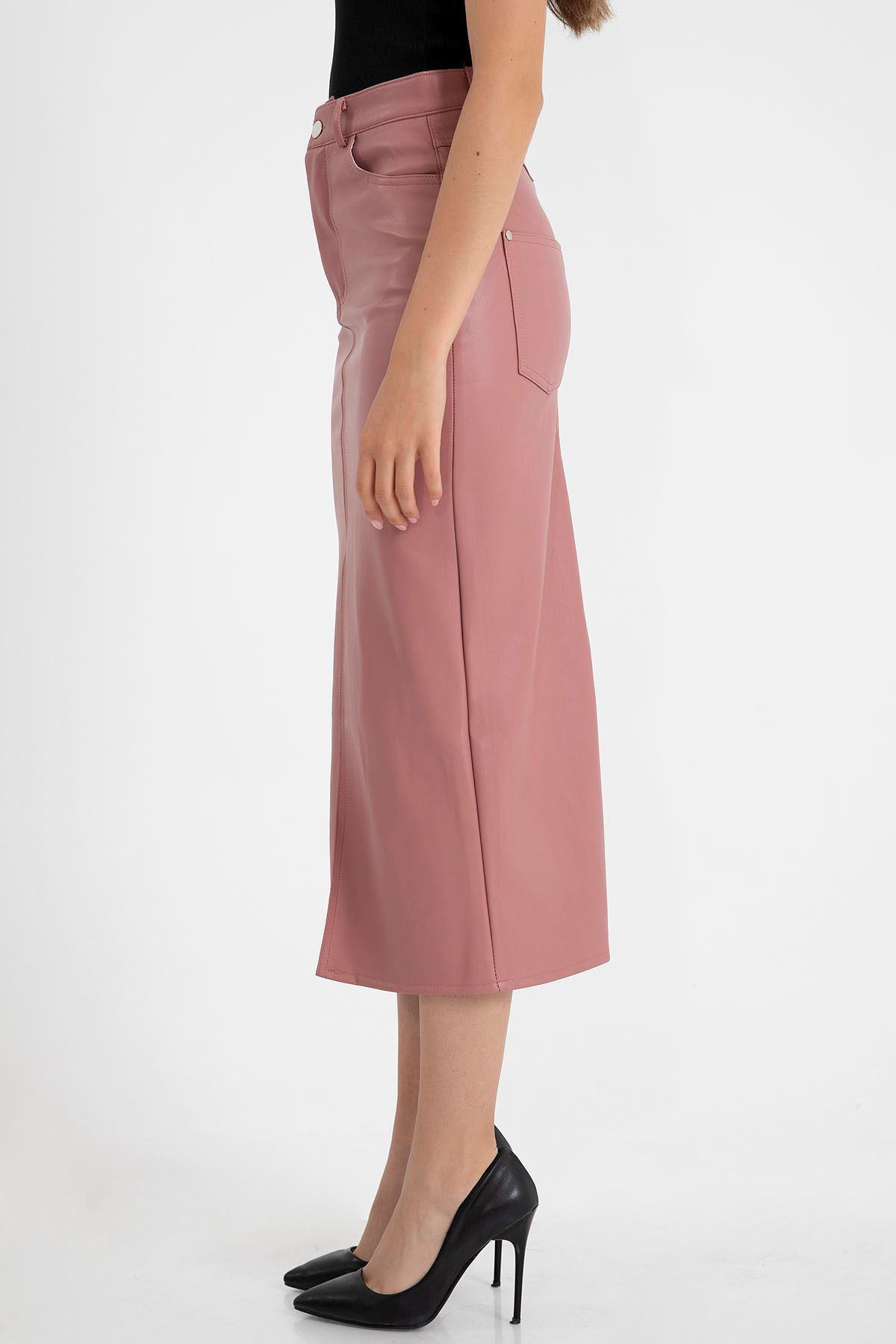 Faux Leather Tight Fit Slit Midi Skirt - Light Pink