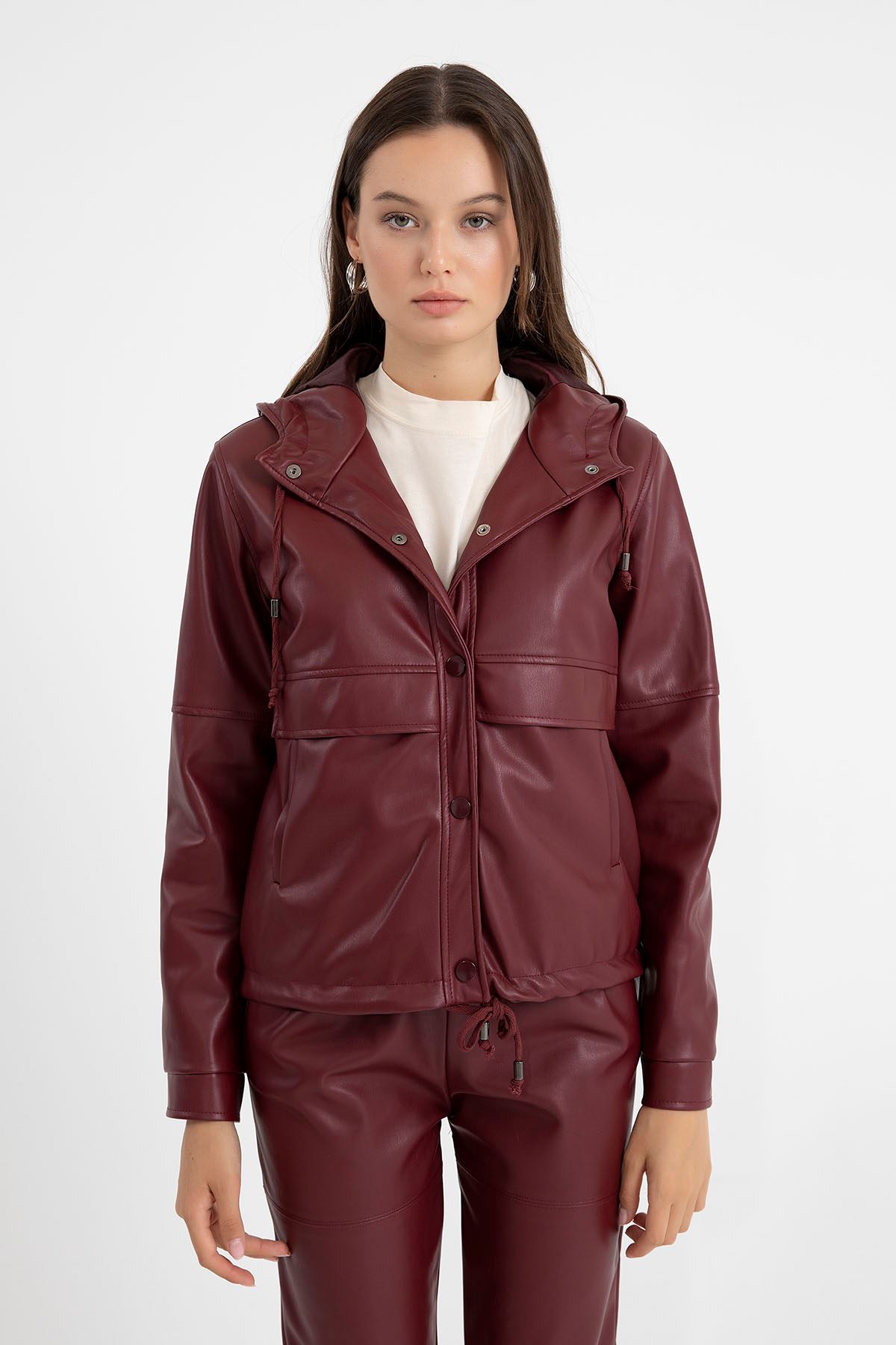 экокожа ткань длинный рукав с капюшоном женский пиджак - Бордовый