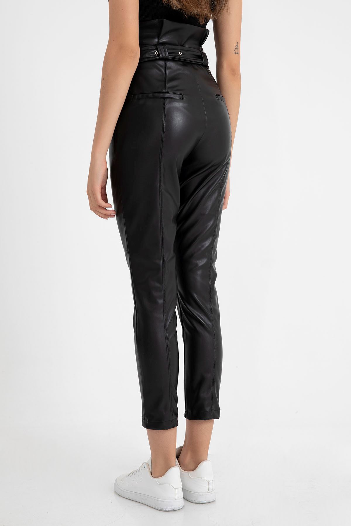 Zara Leather Fabric Ankle Length Tight Fit High Waist Belt Women'S Trouser - Black