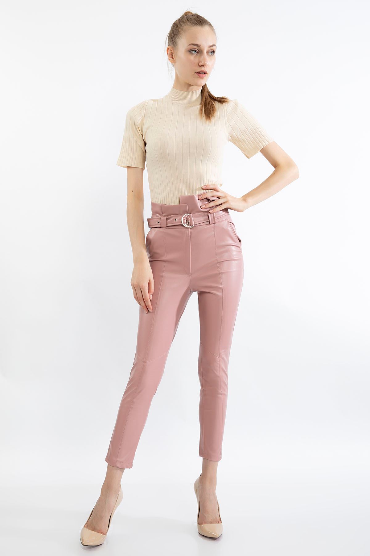 Zara Leather Fabric Ankle Length Tight Fit High Waist Belt Women'S Trouser - Light Pink