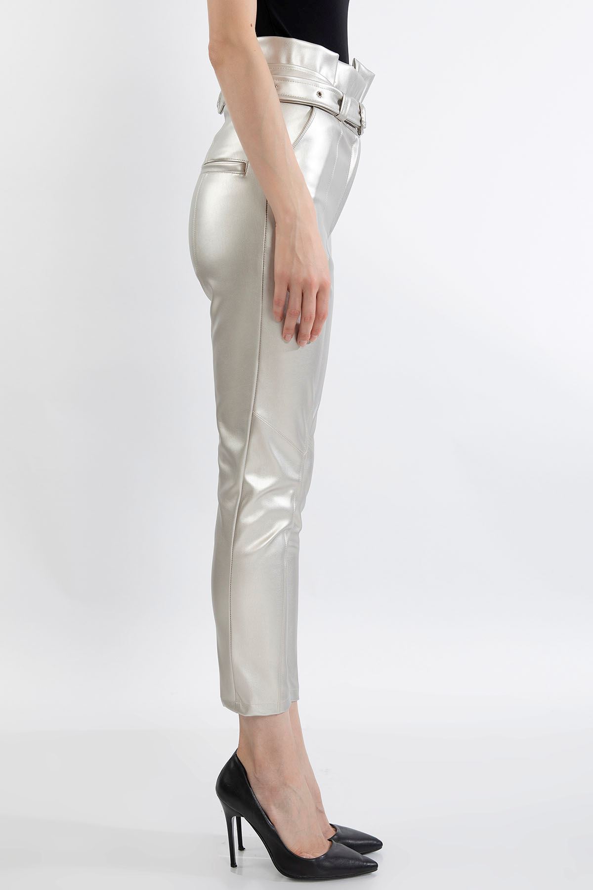 Zara Leather Fabric Ankle Length Tight Fit High Waist Belt Women'S Trouser - Silver