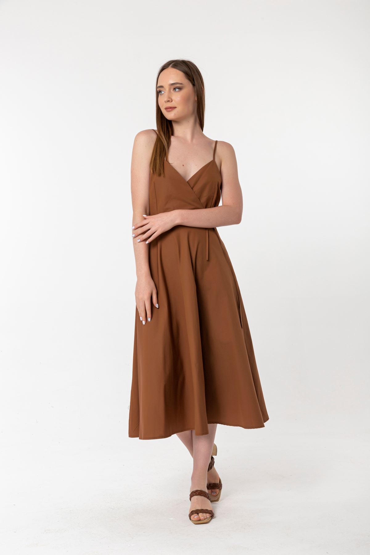 Soft Woven Fabric Surplice Neck Midi A Cut Women Dress - Brown