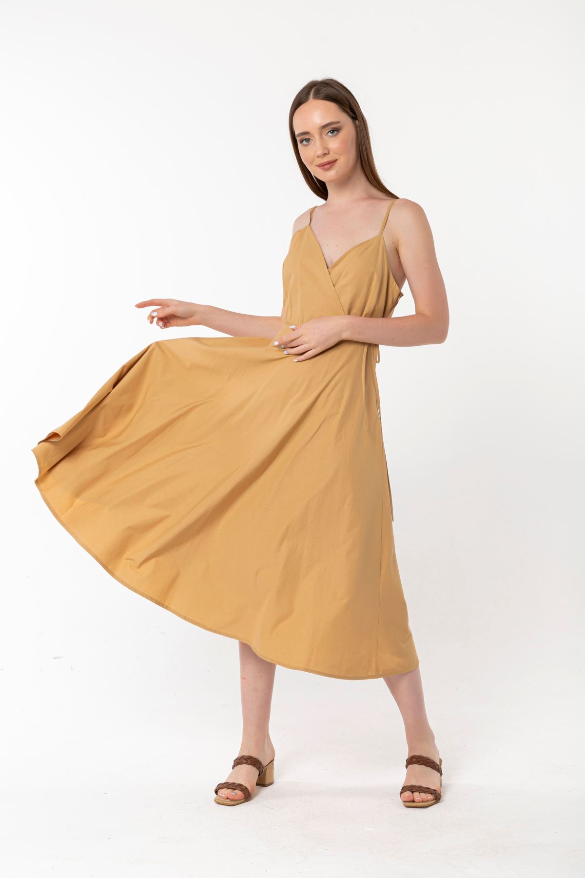 Soft Woven Fabric Surplice Neck Midi A Cut Women Dress - Beige 