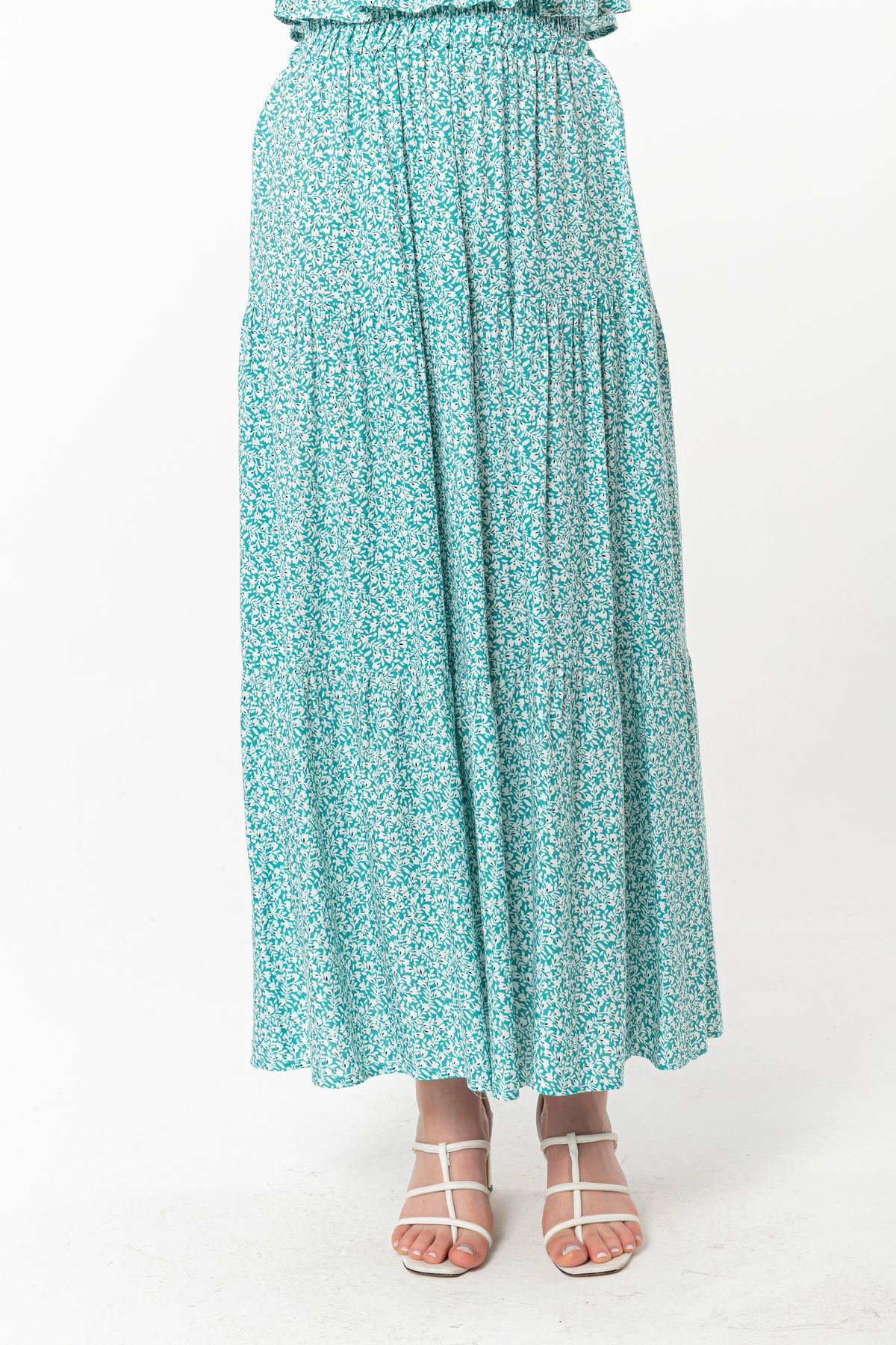 تنورة نسائية قماش فيسكون طويل قالب مريح نمط زهرة - اخضر فاتح