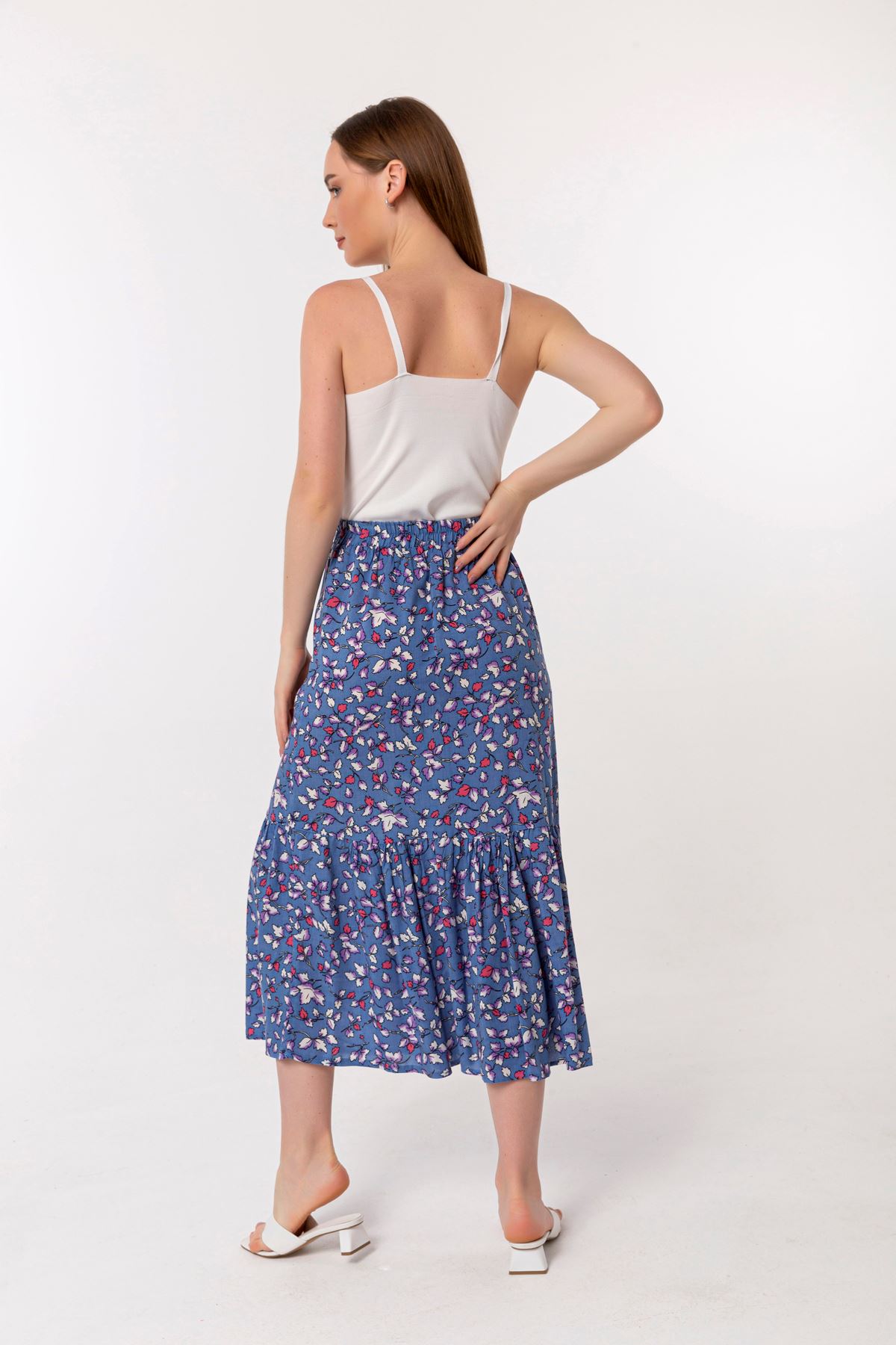 Viscose Fabric Comfy Fit Leaf Print Midi Skirt - Blue
