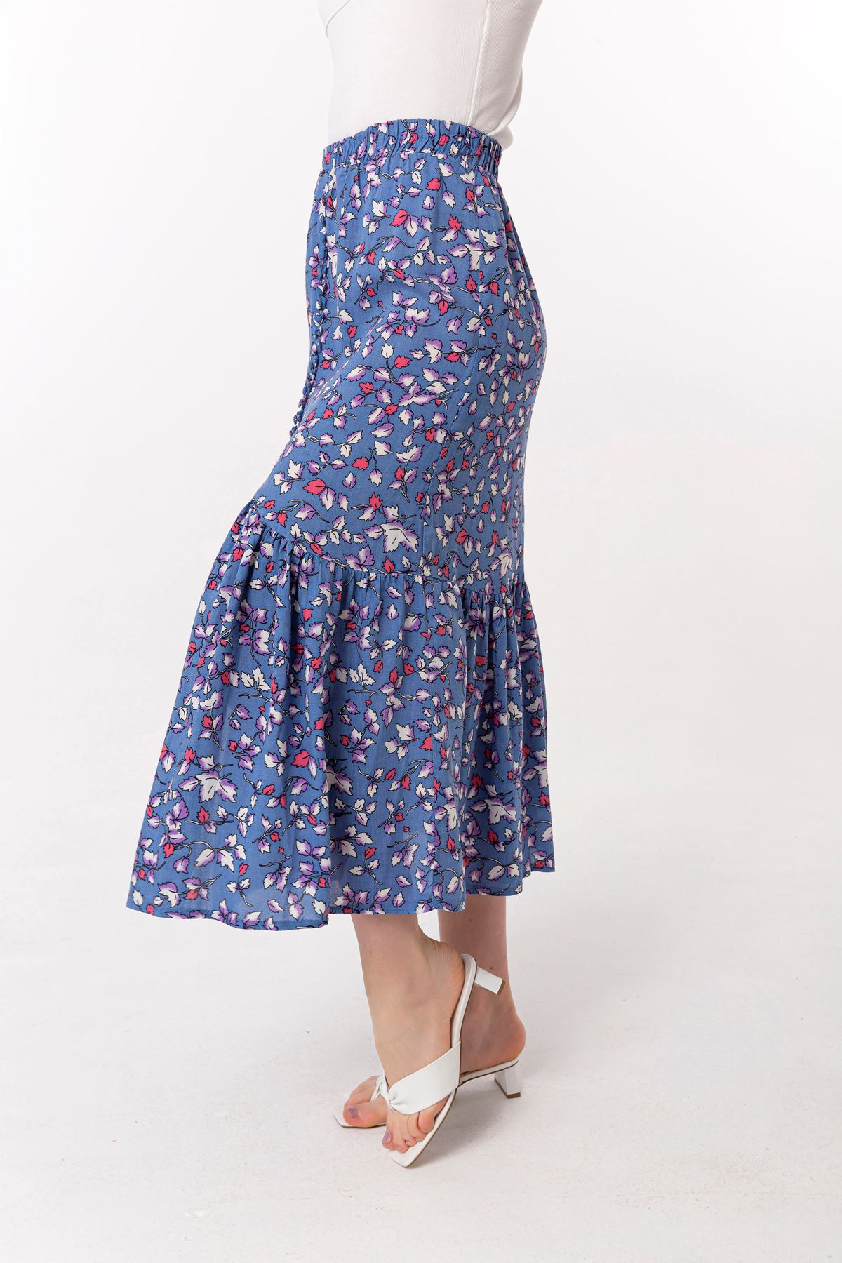 Viscose Fabric Comfy Fit Leaf Print Midi Skirt - Blue