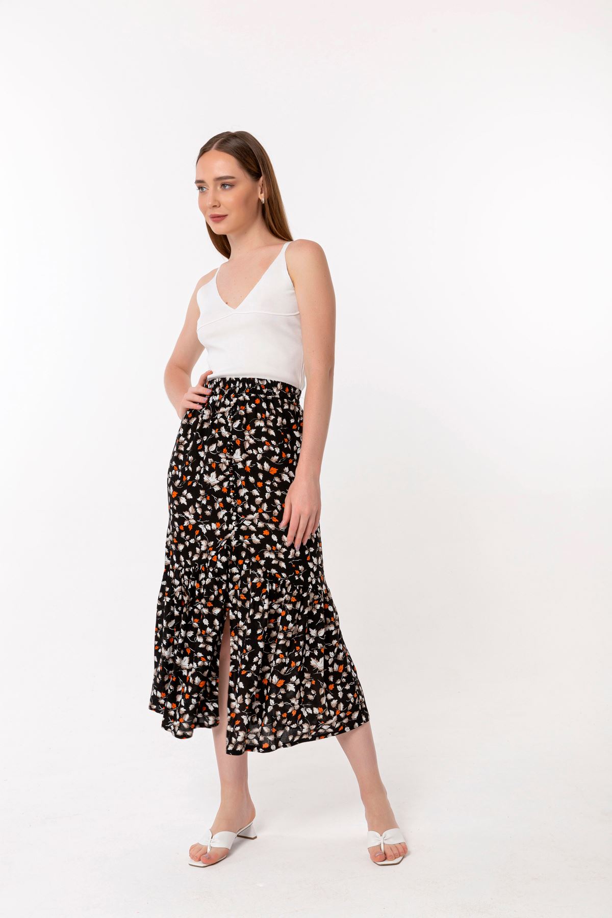 Viscose Fabric Comfy Fit Leaf Print Midi Skirt - Black